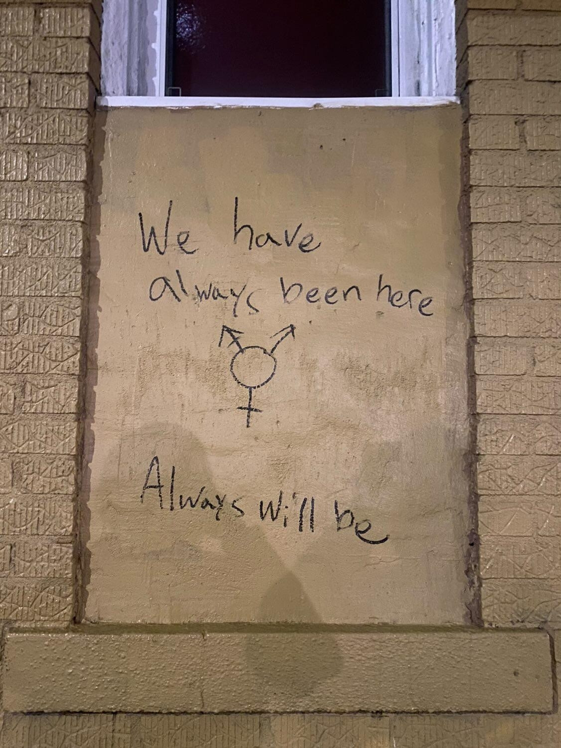 "We have always been here, always will be" Written on a wall with a trans symbol