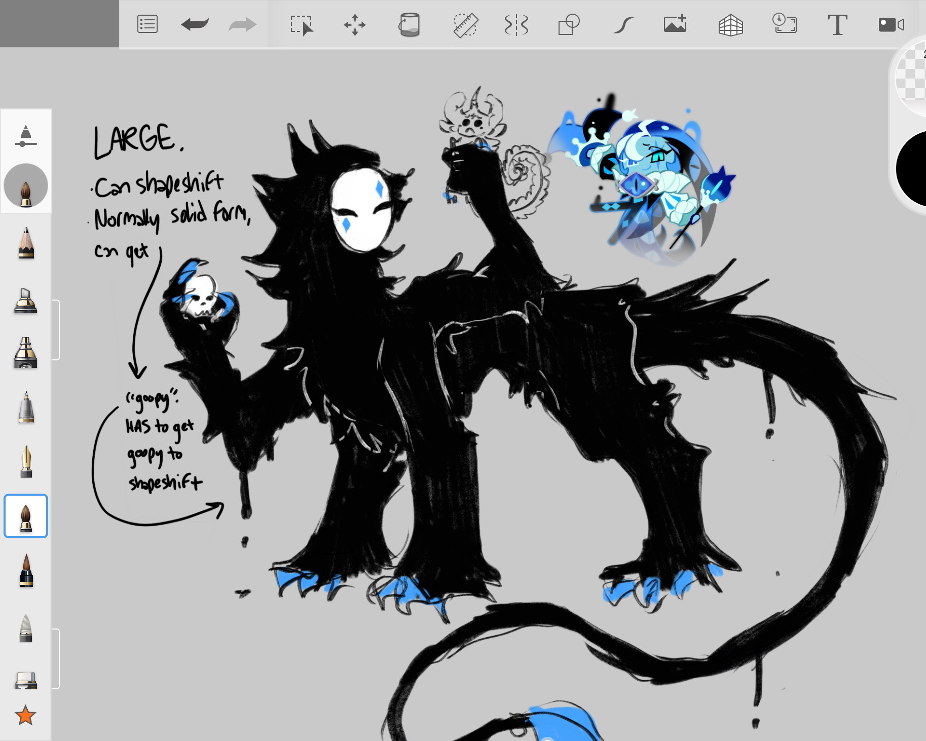 A digital drawing of an alternate universe design of Shadow Milk Cookie from Cookie Run Kingdom. He has been drawn in the form of a large, furred, animalistic beast, with a long tail and blue claws. He has an additional set of arms set above his forearms. He has no snout or face shown— it is completely covered by a white mask with black eyes and diamonds on it. His fur is black, and seems to be dripping ooze.