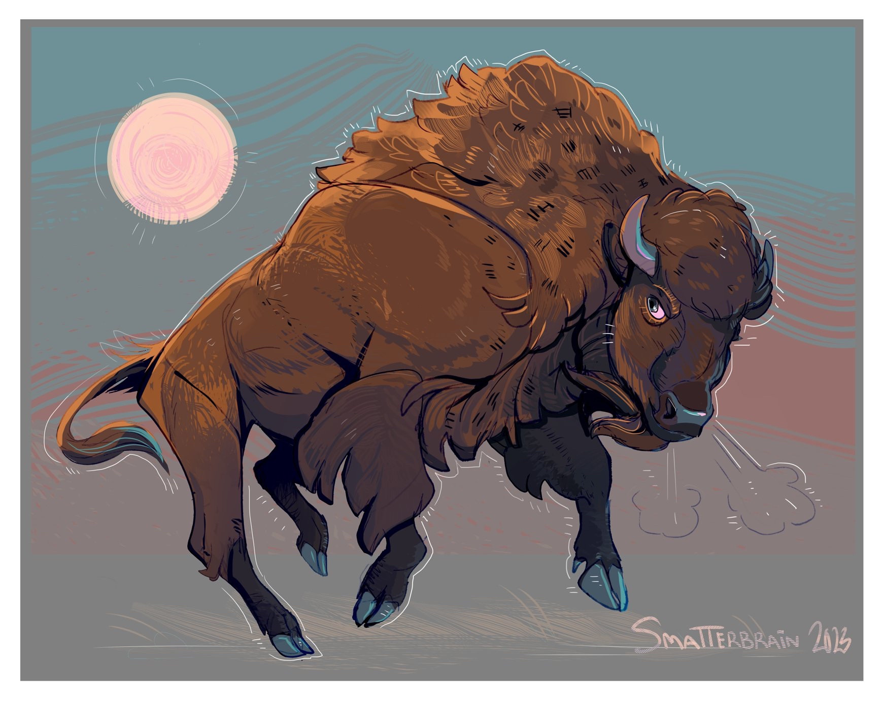 A bison charging forward. It is snorting and glancing back behind itself. There is a simple striped background and a sun in a turquoise sky.