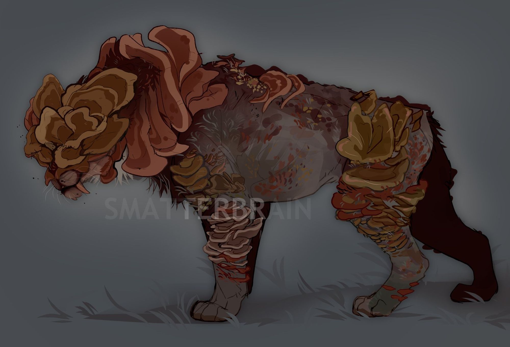 A zombie saber tooth cat with huge plates of fungus growing from it. It’s head is almost entirely obscured by the mushrooms.