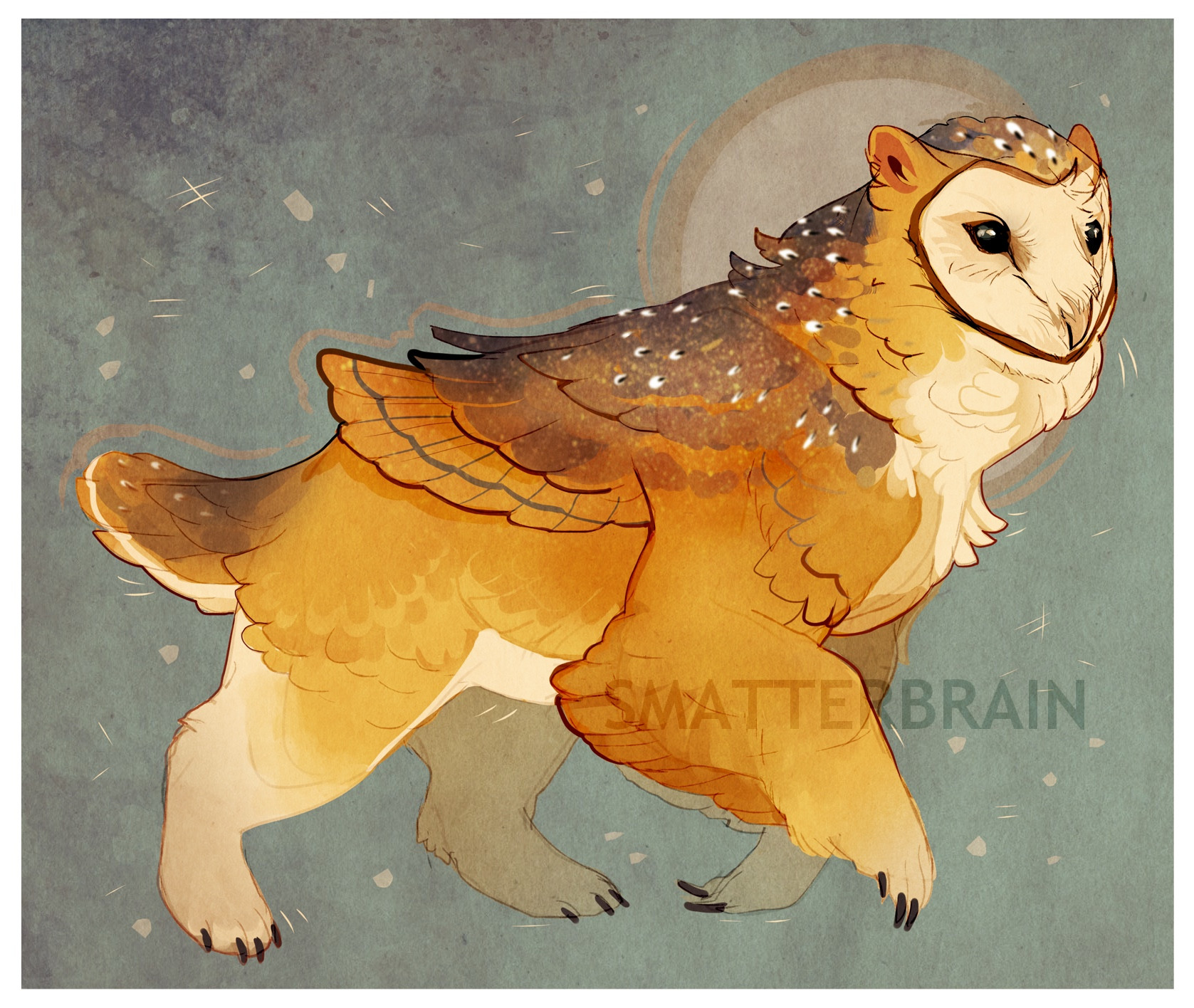 A barn owl/bear hybrid. If is mainly gold and brown with gray and white dappling on the neck. Its face is cream and it has a feathery nub tail.