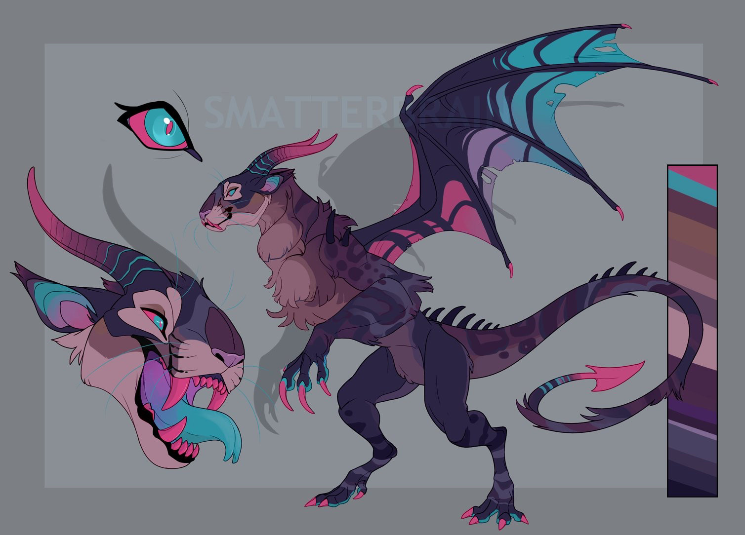 A feline-esque gargoyle with dull purples, pinks and blues, with a variety of rosettes and stripes. Her horns and wings are bright pink, purple and blue, as are her claws and tail tip. She has large pink teeth and a turquoise tongue fading to a bright purple base.