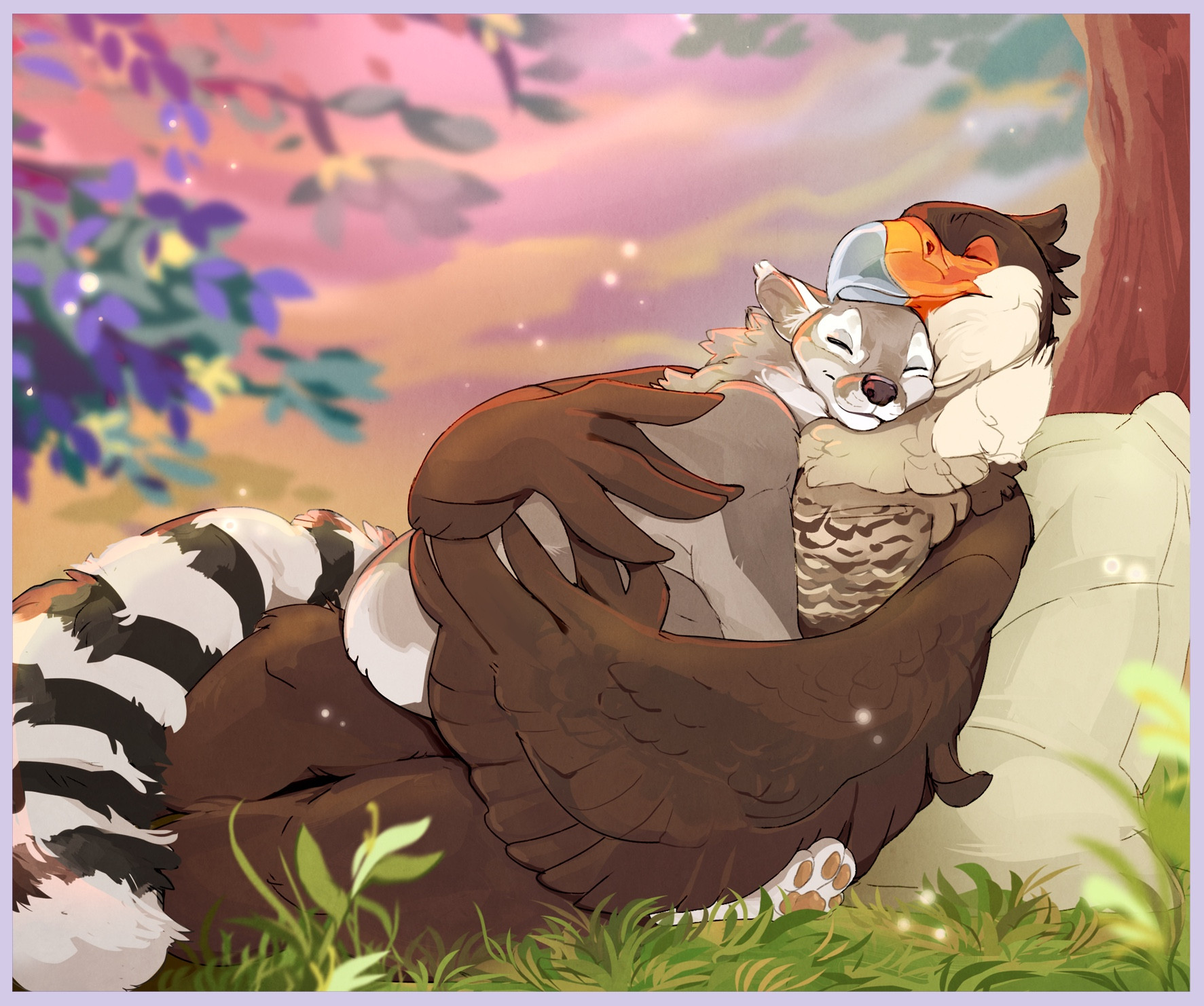 An anthropomorphic ringtail and crested caracara embrace under a tree during sunset.