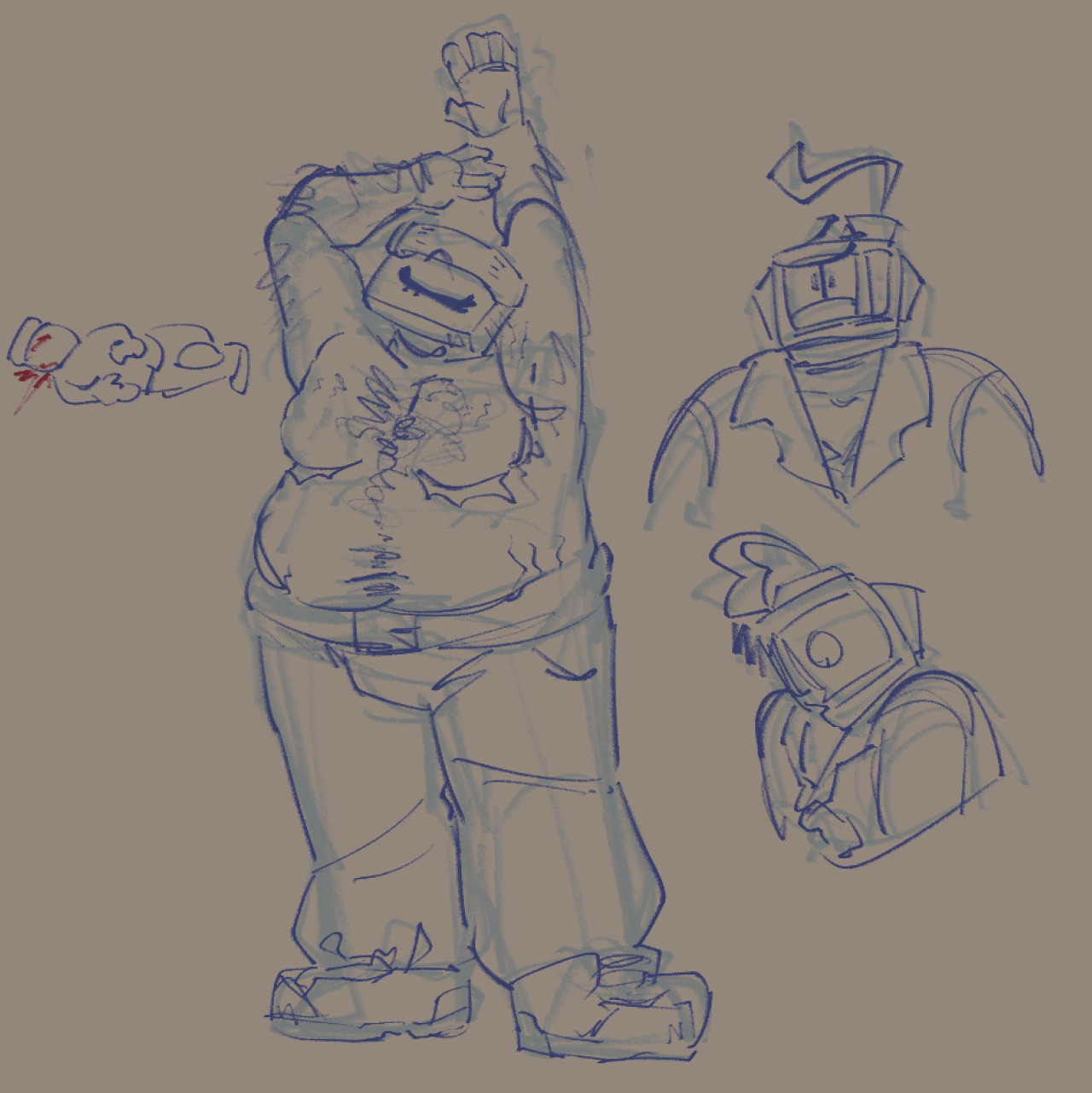 sketch page featuring fusco, a fat butch with top scars and a blocky phone as a head, and fabron, a slimmer butch with a portable crt tv for a head. there's a fullbody of fusco, shirtless, stretching, a small fullbody of fusco hitting his head and bleeding out in the peter griffin death pose, a headshot of fabron, startled, and a profile view of fabron.