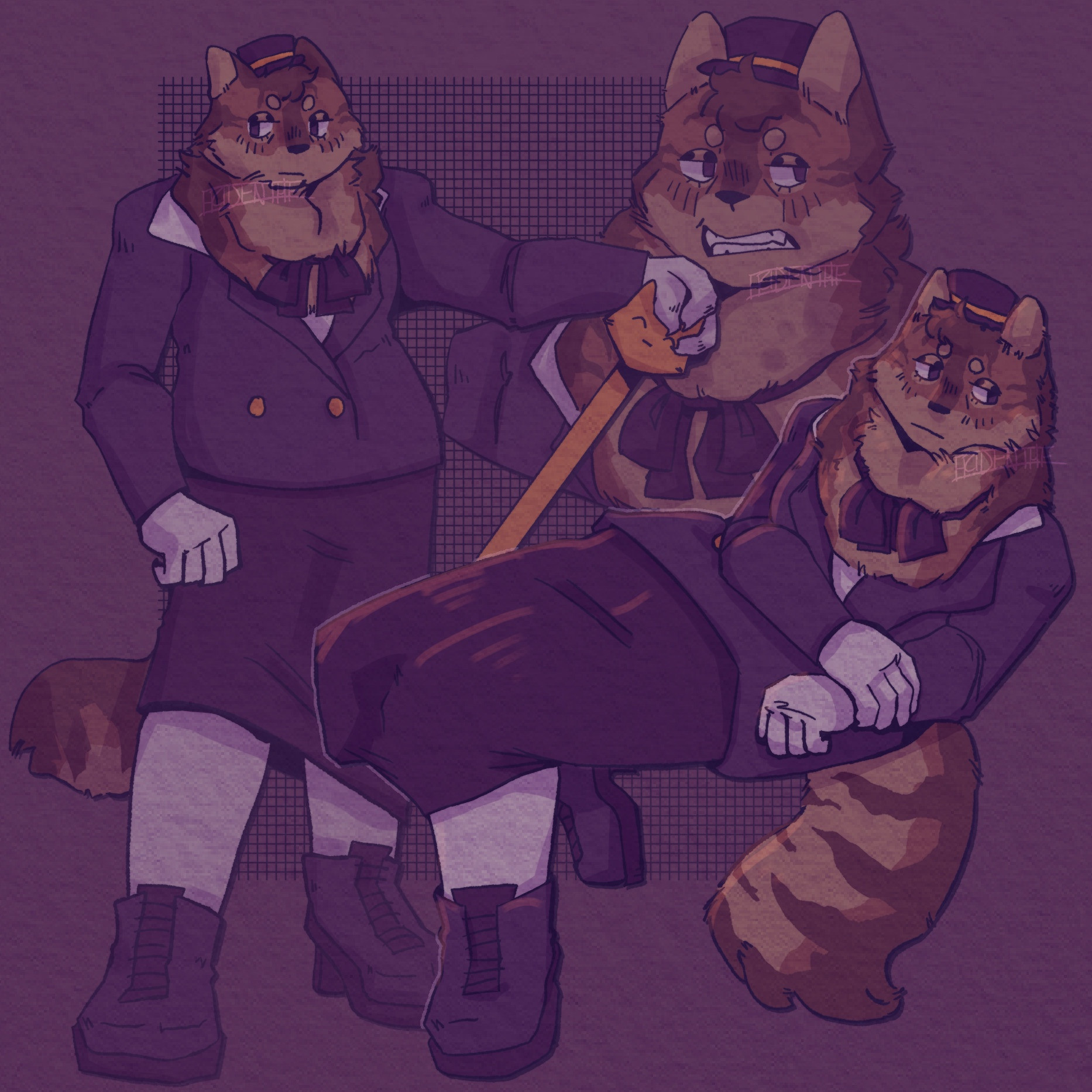   Three drawings of Mayor Mingus from Dialtown. In all three drawings she’s drawn with her canon outfit, which is a top hat, a blazer, a pencil skirt, and heeled boots, all purple. She has a brown tabby cat head with a fluffy mane and tail. The drawings are on a muted purple background and overlaid with a paper texture. In the very back is a lightly shaded large bust-up shot of her, grimacing. In front of the bust-up shot is a lightly shaded fullbody shot of her standing with her arm held out, balancing her cane on her leg. The frontmost drawing is a fully shaded fullbody shot of her laid back with her hands crossed at her side.