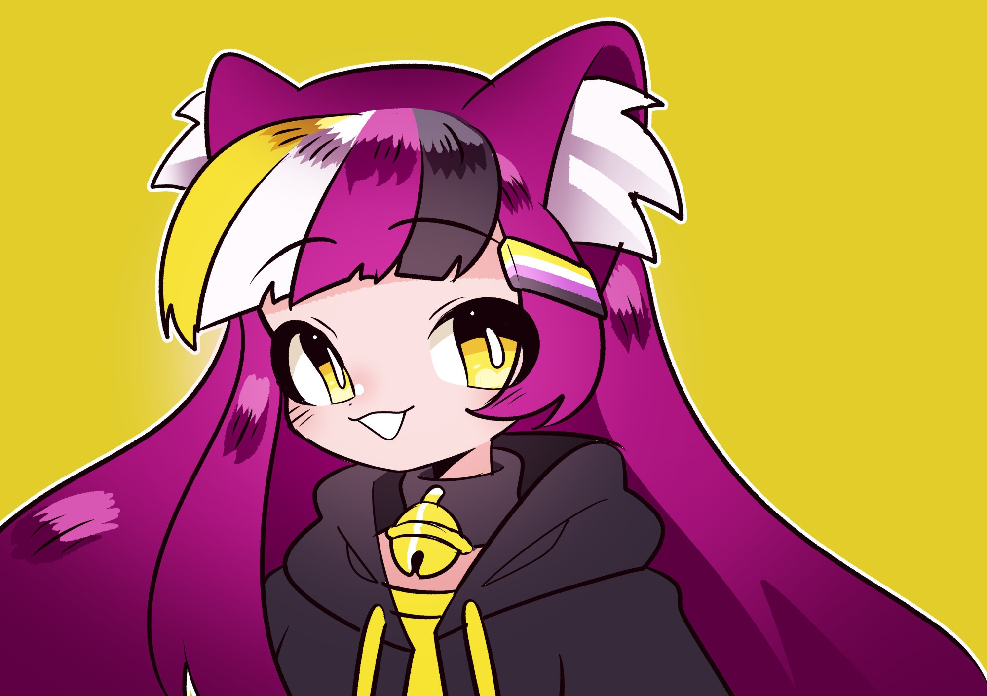 Cat girl with non binary flag colored hair, golden eyes, black jacket