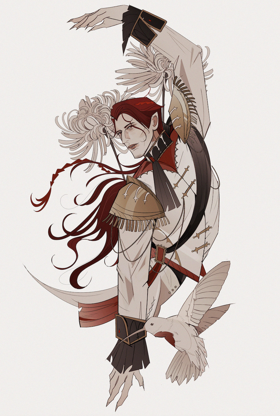 A red-haired vampire with a long braid, surrounded by white chrysanthemums and an albino hummingbird with a red chest. The vampire is dressed in a white, red and gold outfit with black accents upon the accessories. 