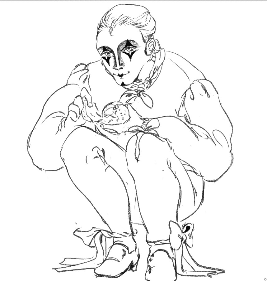 A simple sketch of a pierrot with slicked-back hair and a strangely knowing expression eating an orange. Bows are tied on his ankles.