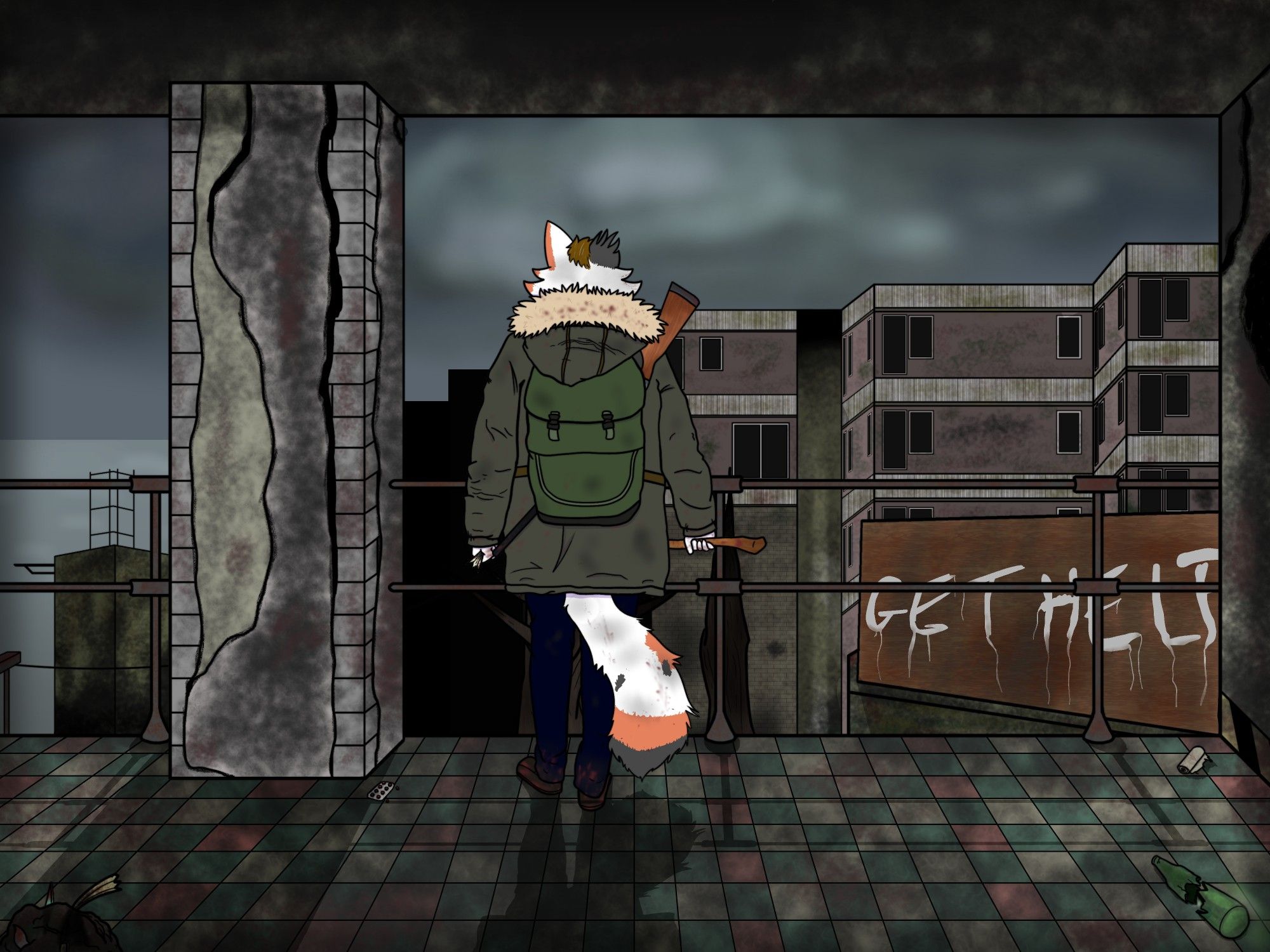 anthro calico cat standing with his back to the viewer, looking out at a dark skyline with dilapidated building