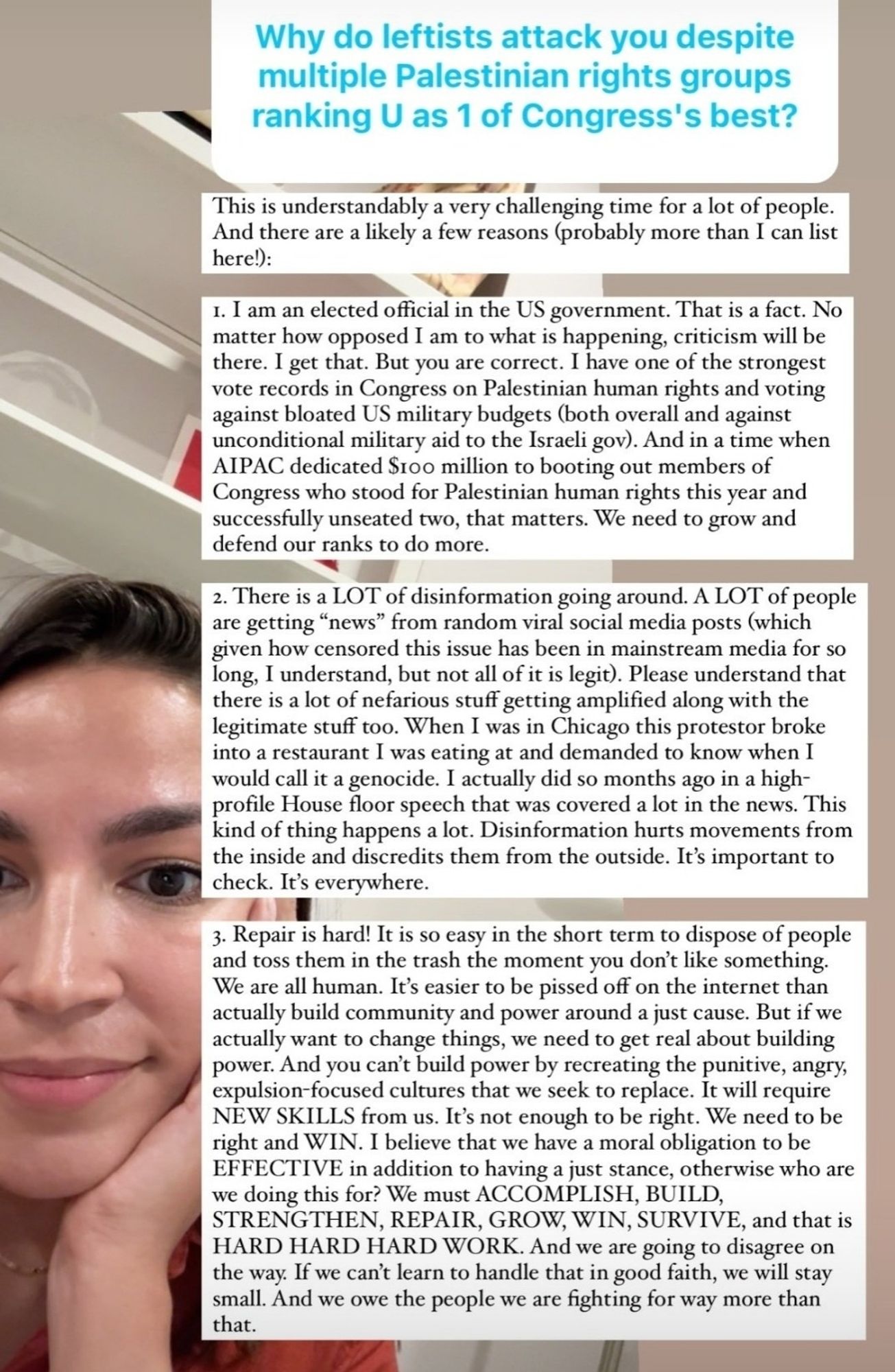 Screenshot of an IG story where AOC is looking very beautiful and contemplative next to a large body of text she wrote in response to a very good question I asked her.