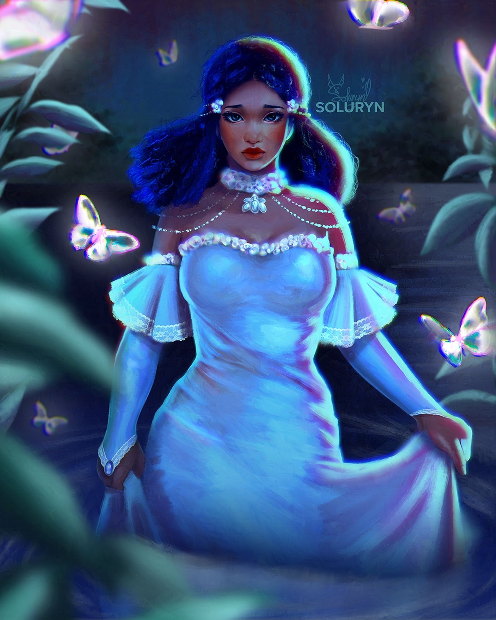 A digital fantasy painting of a woman standing in a lake and surrounded by glowing butterflies