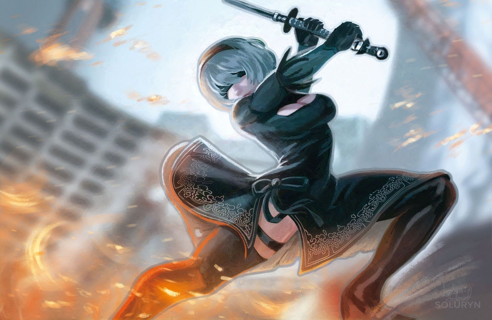 Fan art of 2B from Nier Automata. She is holding a sword and standing amidst flames.