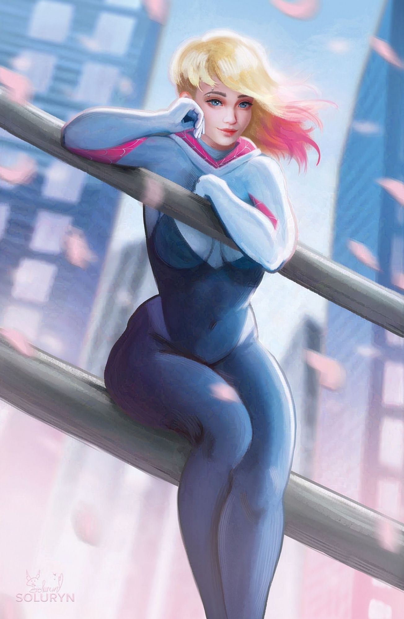 A digital fan art painting of Gwen Stacy. She is sitting with the view of skyscrapers behind her.