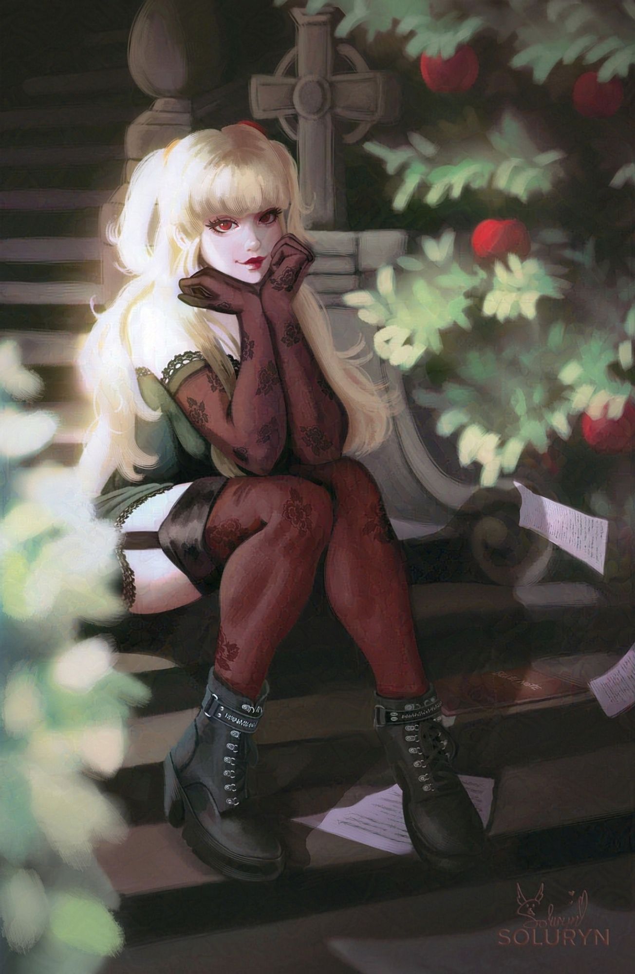 Fan art of Misa Amane from Death Note. She is sitting on a staircase next to her death note and several torn-out pages filled with names.