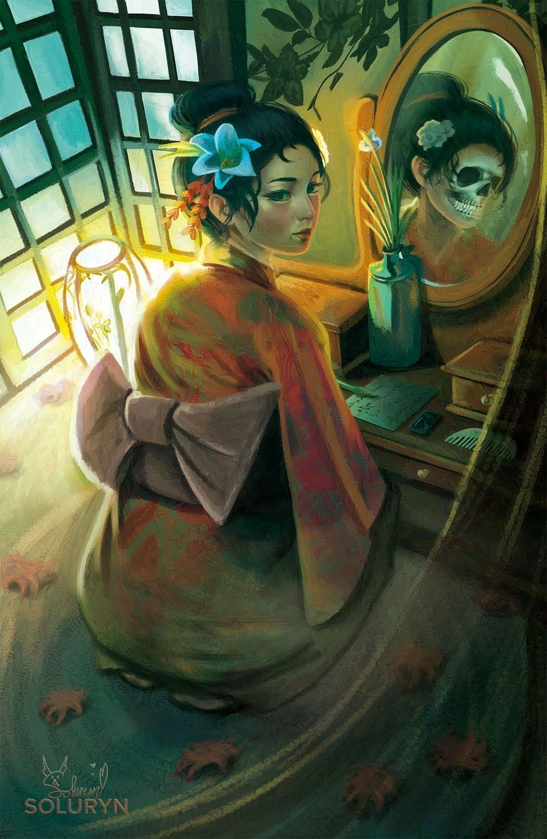 Artwork of the peony lantern folklore story. A woman is in front of a mirror and her reflection shows a skull.