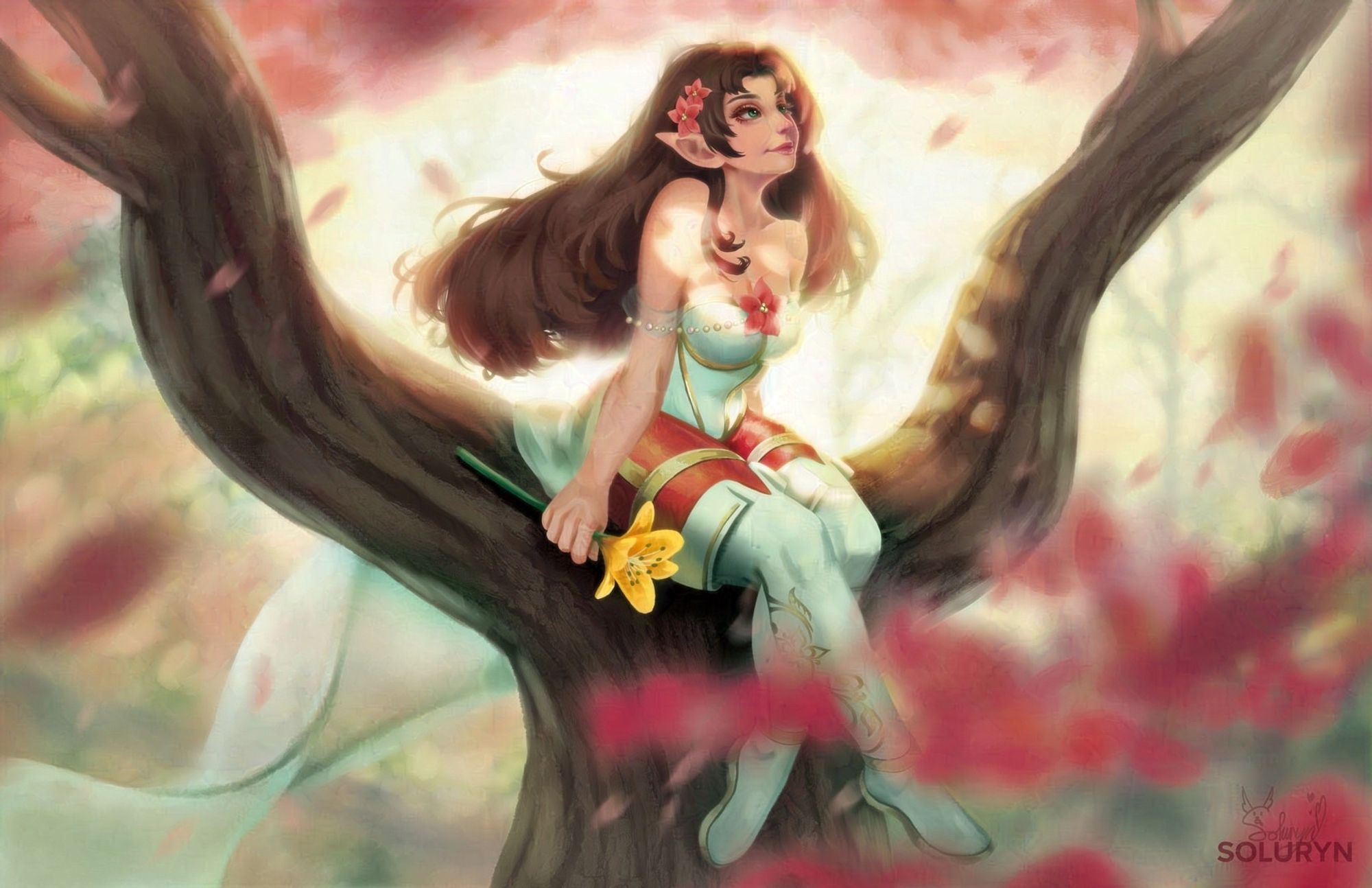 Digital painting of an elf sitting in a tree and holding a flower