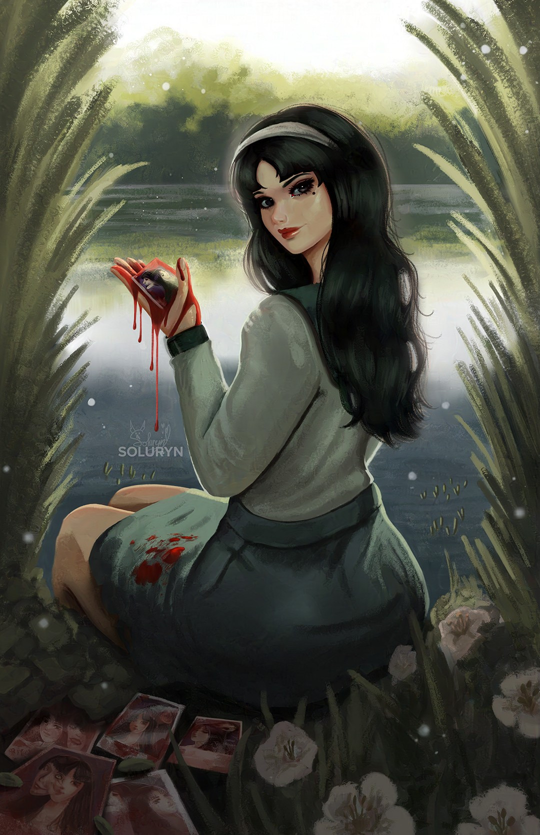 Fan art of Tomie Kawakami. She is sitting by photos of herself and her various clones.