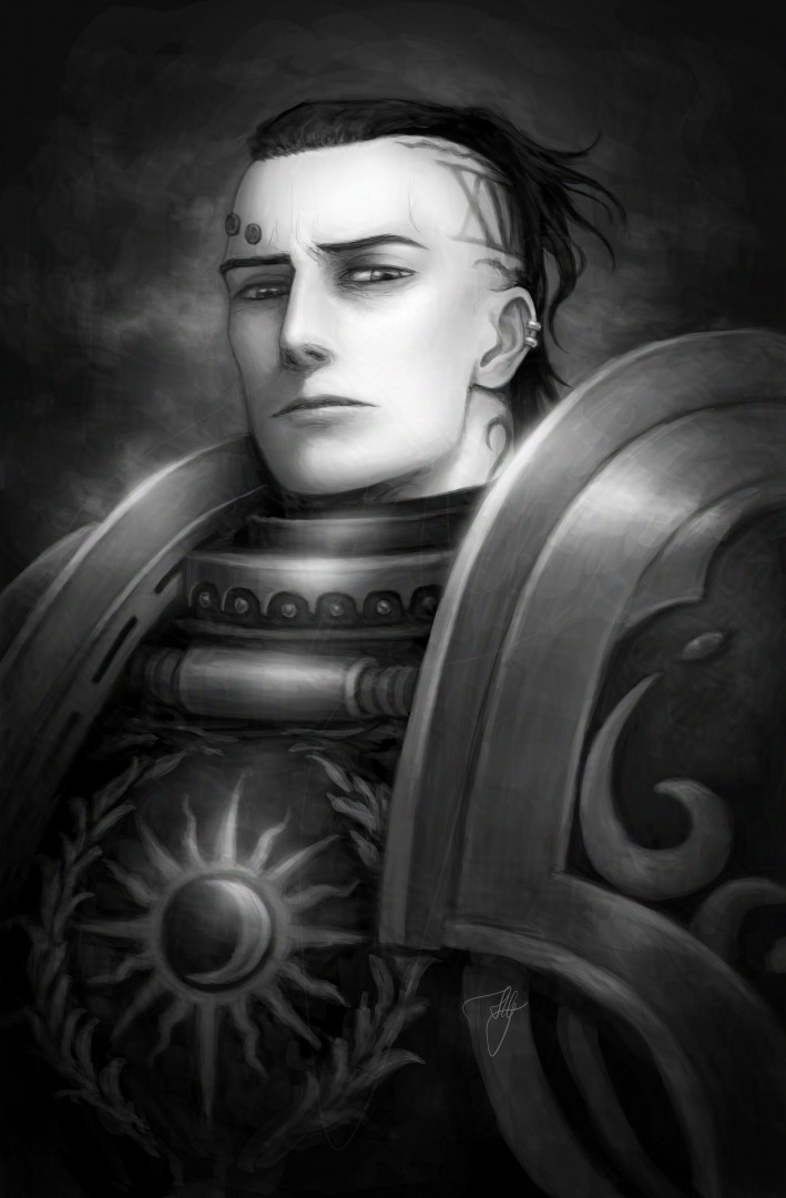 A black-and-white portrait of an Astartes, my OC, Xander, in dark armour that he customised, with an ornate shoulder pauldron, and with a chestplate showing a sigil of a Sun eclipsed by the Moon (see the XVIIIth Arcanum of the Marseille Tarot) surrounded by laurel wreaths. The sides of his head are shaved, showing his tattoos, among them a XVI marking his former loyalty to his former Legion, and his dark hair is pulled back. Two earrings are also visible in his ear.