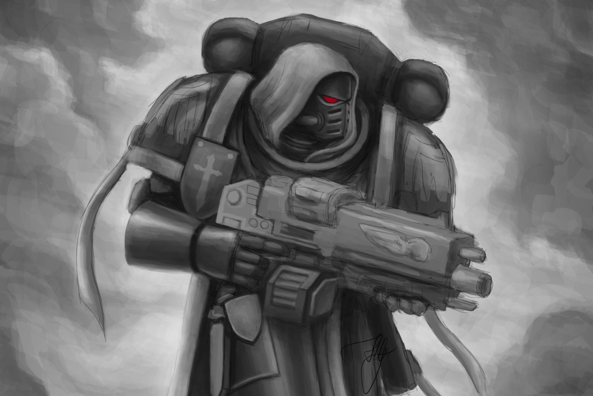 A black-and-white sketch portrait of a Space Marine holding a rifle looking for the next mark, with white-grey smoke in the background. He wears his mask and has his hood on, the visor of his mask is red.