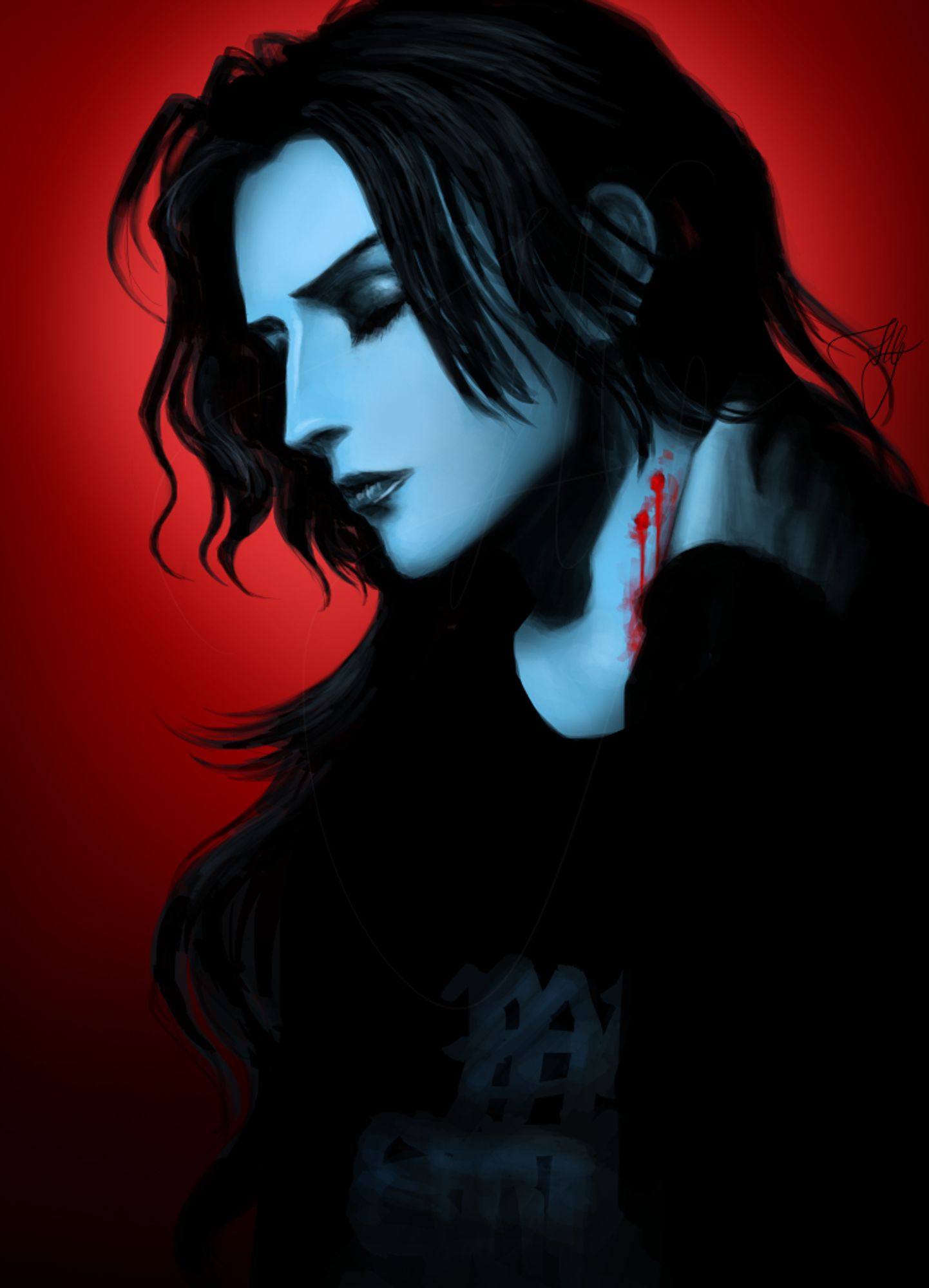 A portrait of a person in front of a red background, their face and neck lit in a light, pale blue, their hair and attire black, holding their hand on their neck where a vampire bite mark is visible in bright red, slightly bleeding.