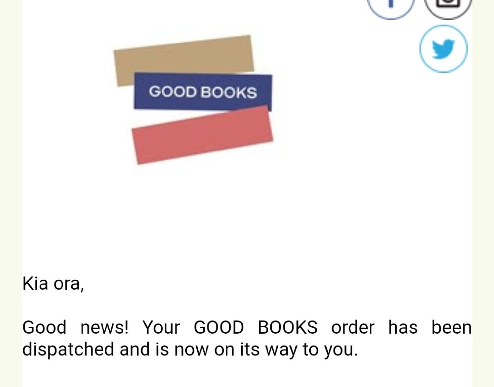 Screenshot of an email notification telling me my Goodbooks order has been dispatched