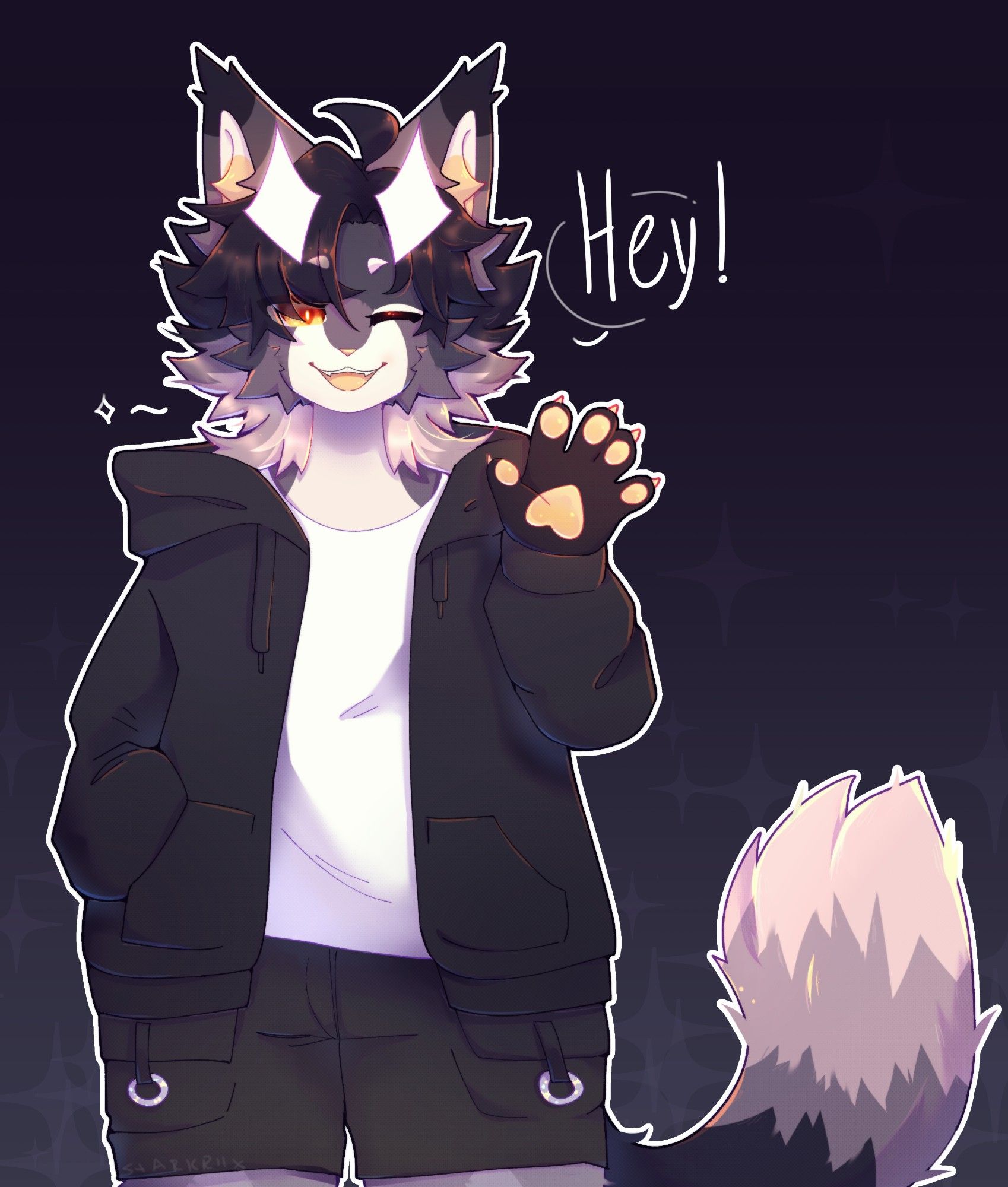 My fursona Meshi saying "hey" while waving their hand