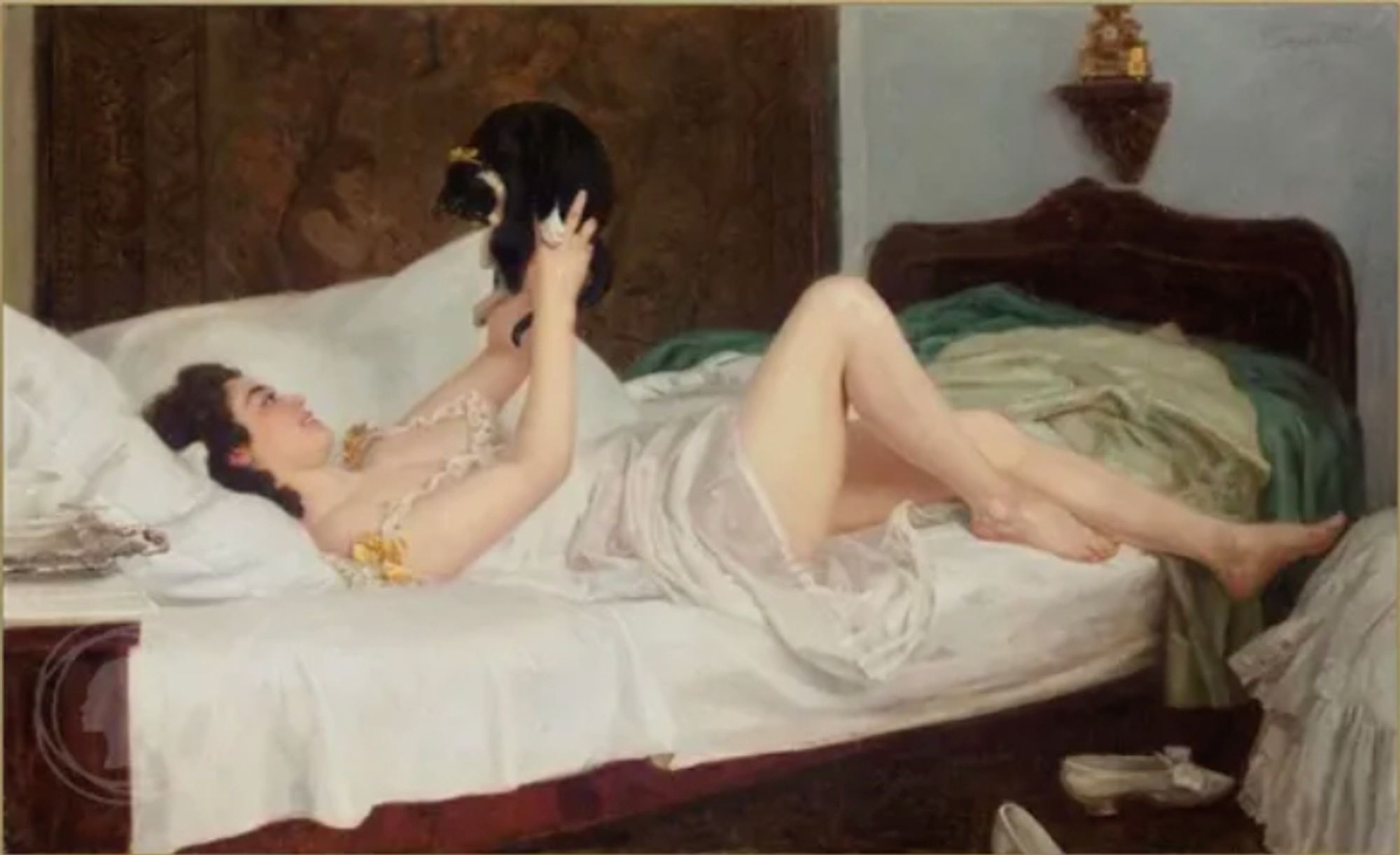 The painting "Her Favourite" by Nikolai Bodarevsky. Depticting a smiling woman in a nightgown laying in bed while holding a tuxedo cat above her  stomach. The cat is looking down at her body while she is looking at the cat in her hands.