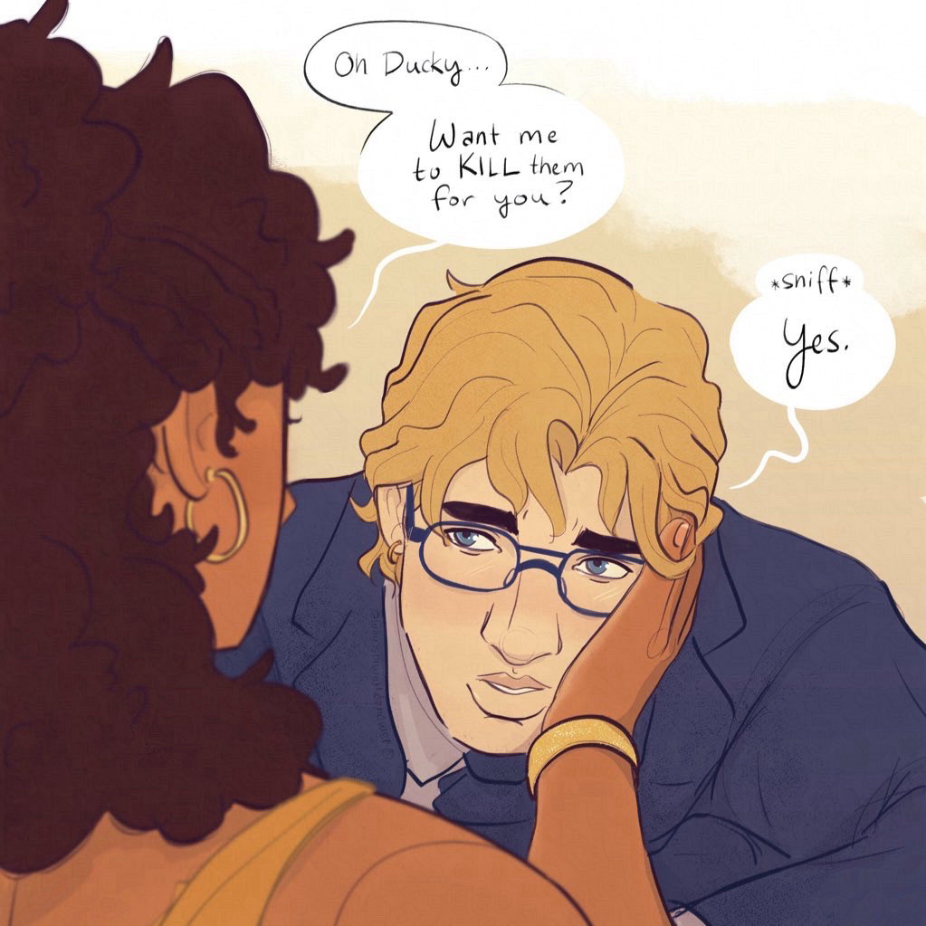 Illustration of a man in glasses looking up at their partner who is holding their face lovingly.