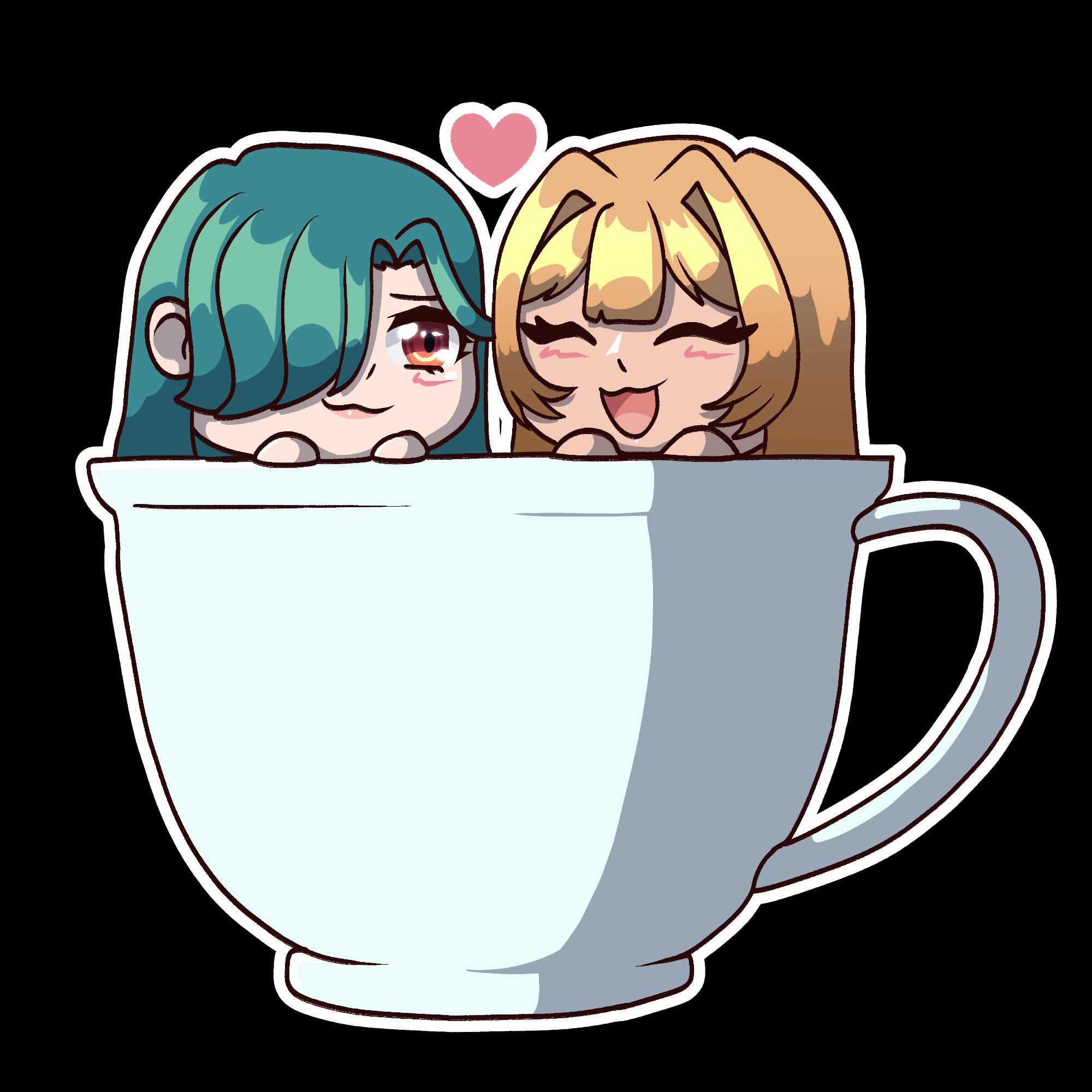 A drawing of people sitting in a white coffee cup drawn in a chibi style. One of them is Secretoru from Delicious Party Precure: a woman with brown/red eyes and sea green hair that covers one of her eyes, and the other is a woman with blonde hair and her eyes closed in a happy way. This character is the poster's oc Sage. There's a small pink heart floating between them. The whole drawing has a white outline around it.