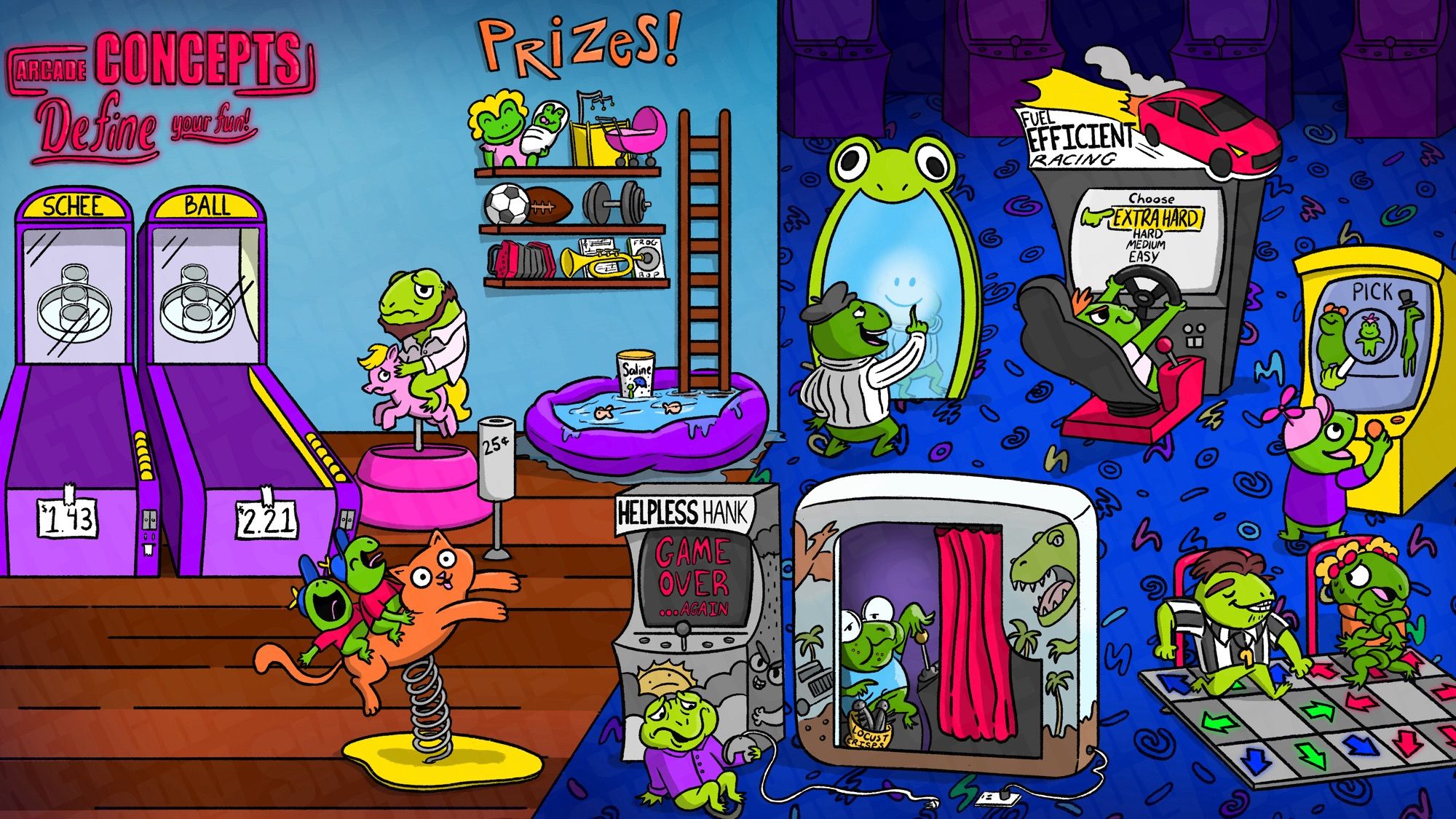 Colorful illustration of a frog themed arcade with frog patrons. Going from left to right there is schee ball, two mechanical animal rides , a prize area, and then the arcade area with a racing game, a Jurassic game, two other nondescript games and DDR.