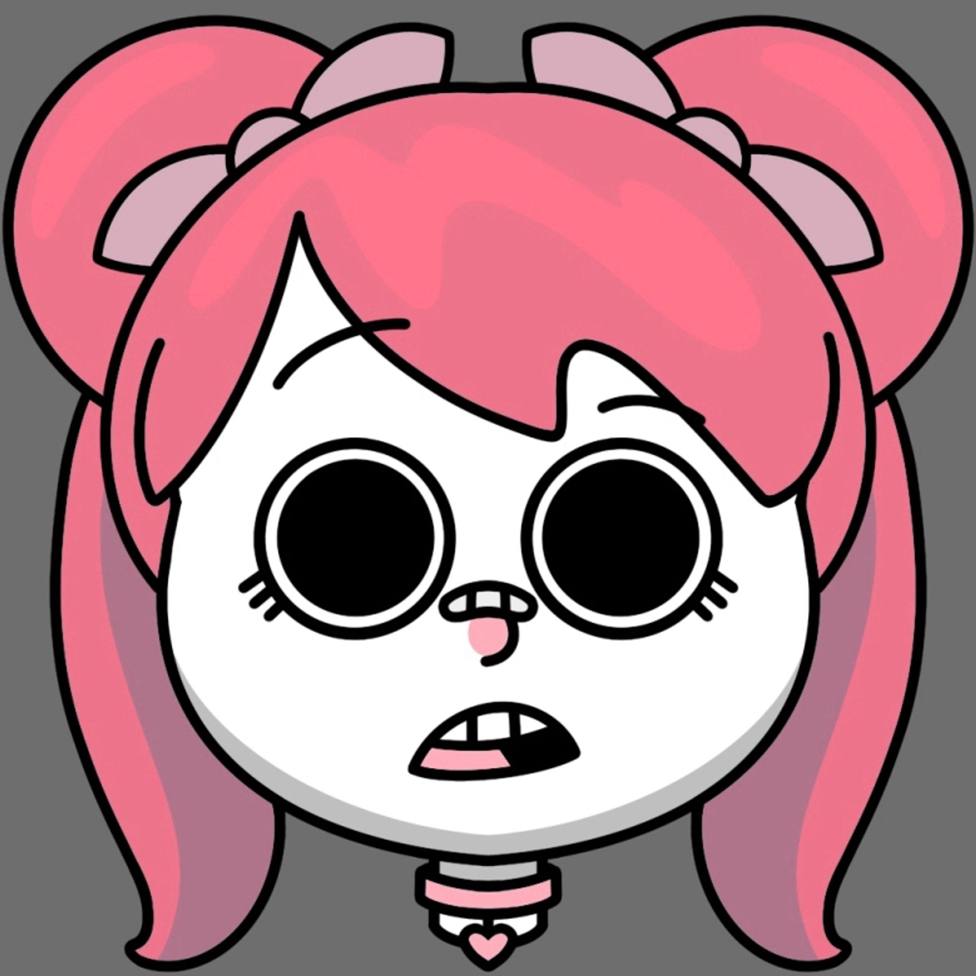 Illustration of the head of a cartoon girl. White sling, pink hair in pigtails with pink bows. She is wearing a pink choker, her eyes are wide and she looks surprised.