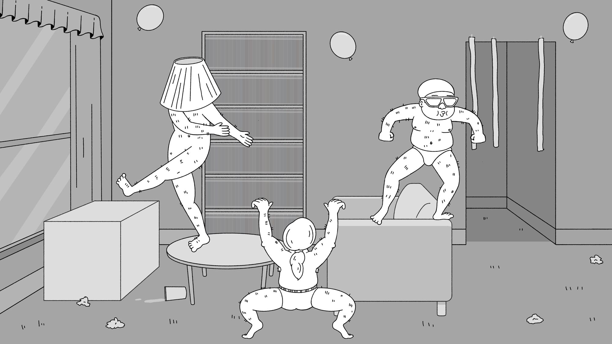 Black and white illustration of three party people dancing in their living room in various stages of nakedness. The person on the left is fully undressed wearing a lampshade, the middle has their back facing us and is in underwear, the right is facing us and also in underwear, as well as a swimming cap and goggles.