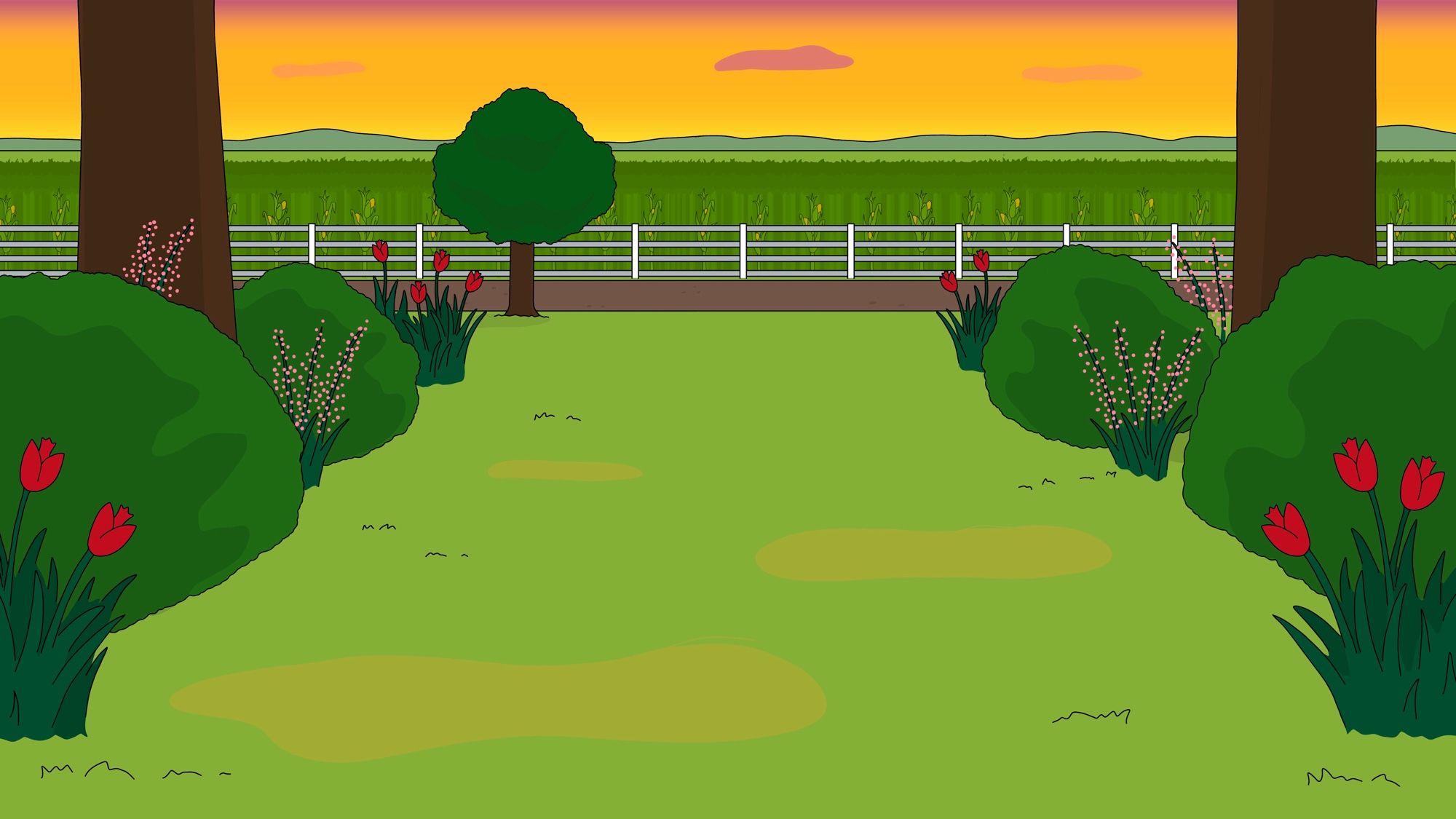 Illustration of the country at sunset. There are some trees, flowers and bushes in the foreground, then a dirt road with a white fence. Beyond the fence is a field of corn.