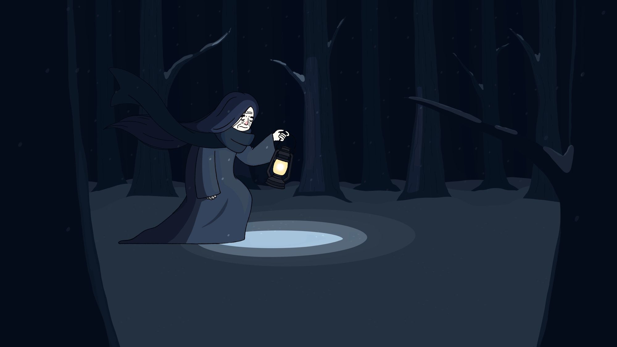 An illustration of a woman walking through a dark, snowy forest with a lantern. She has long hair and a long scarf, both blowing in the wind. She is wearing a long robe and looks sad.