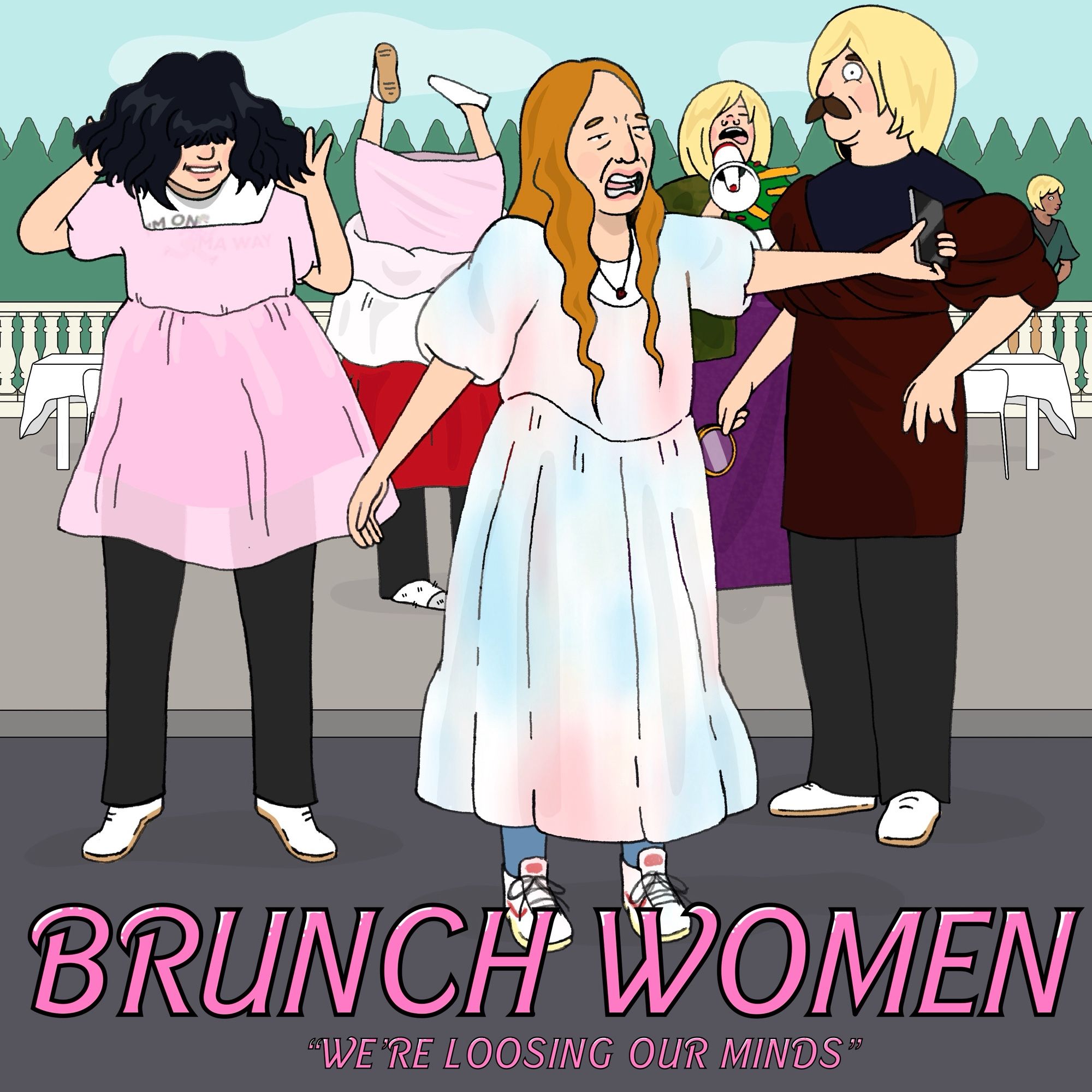 Fanart from a Try Not To Laugh Smosh bit. Five people in the foreground, one far in the background, all the people are wearing ill-fitting dresses. One of the people has their head covered and is wearing shoes on their hands, so it looks like two sets of legs. The caption reads “Brunch Women We’re Loosing Our Minds”