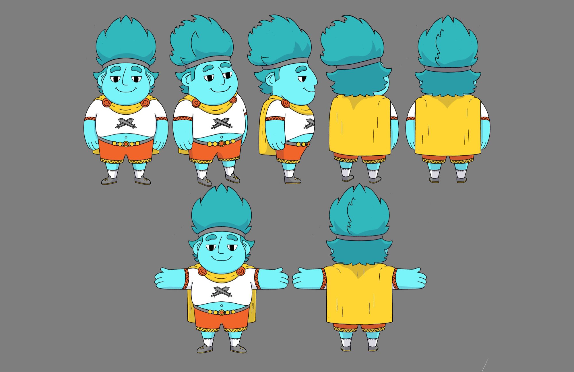 Character concept and turnaround of a light blue boy with blue/teal spikes hair. He is wearing a white tee with orange shorts and a yellow cape.