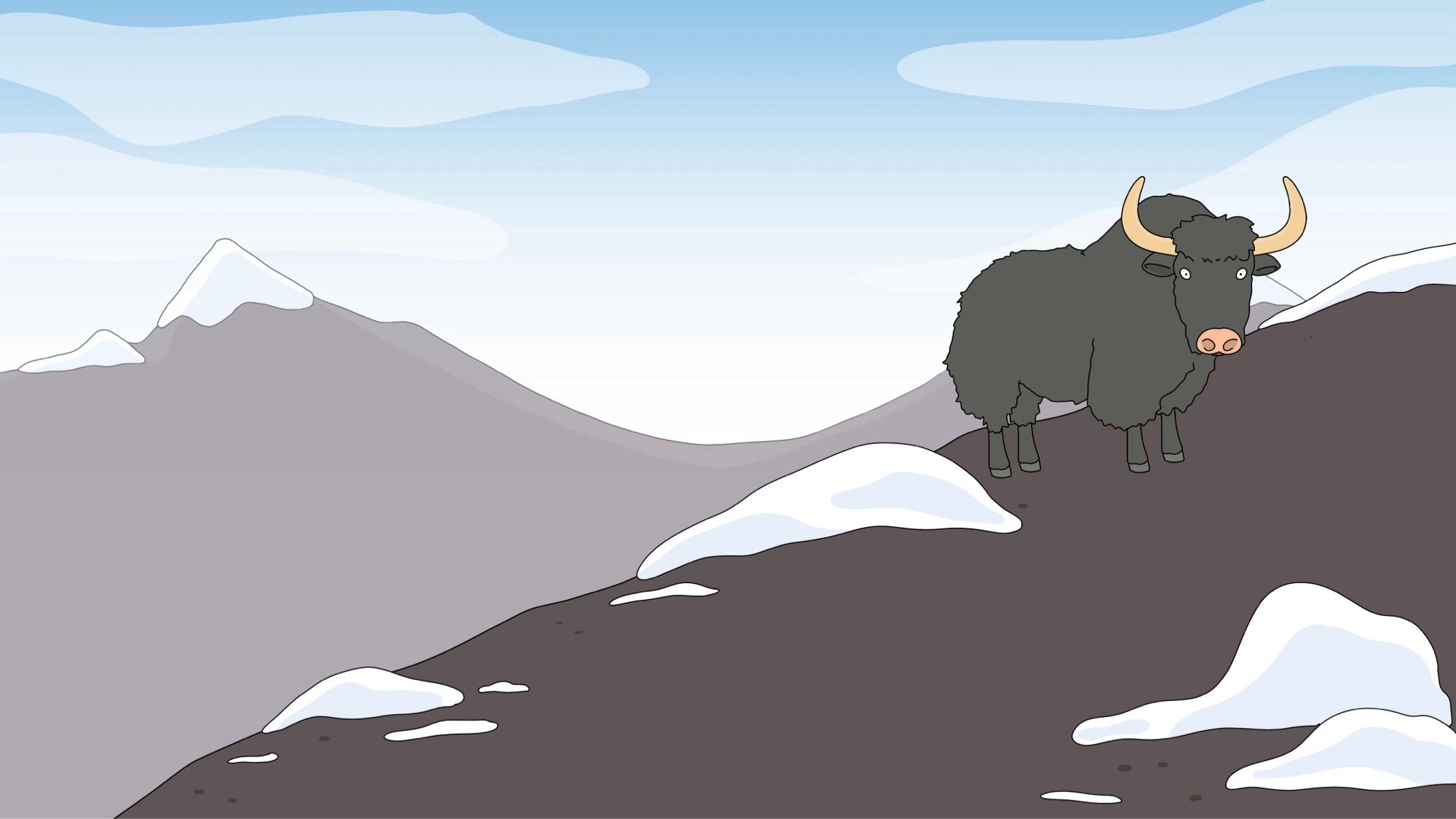 Illustration of a snowy mountain scene. On the right side is a dark grey yak