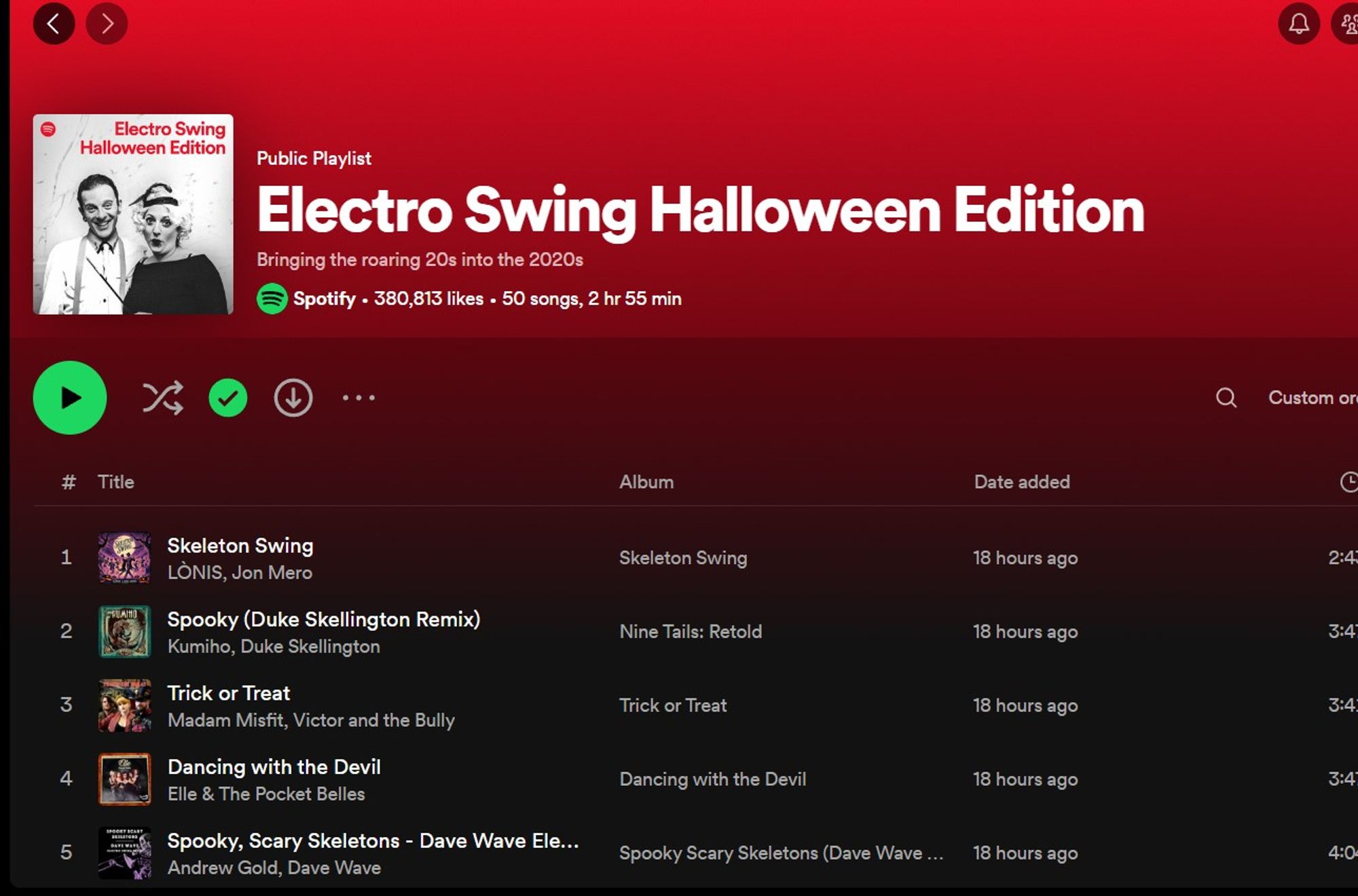 A screenshot from Spotify of a public playlist called "Electro Swing Halloween Edition" and the first several songs from that playlist.