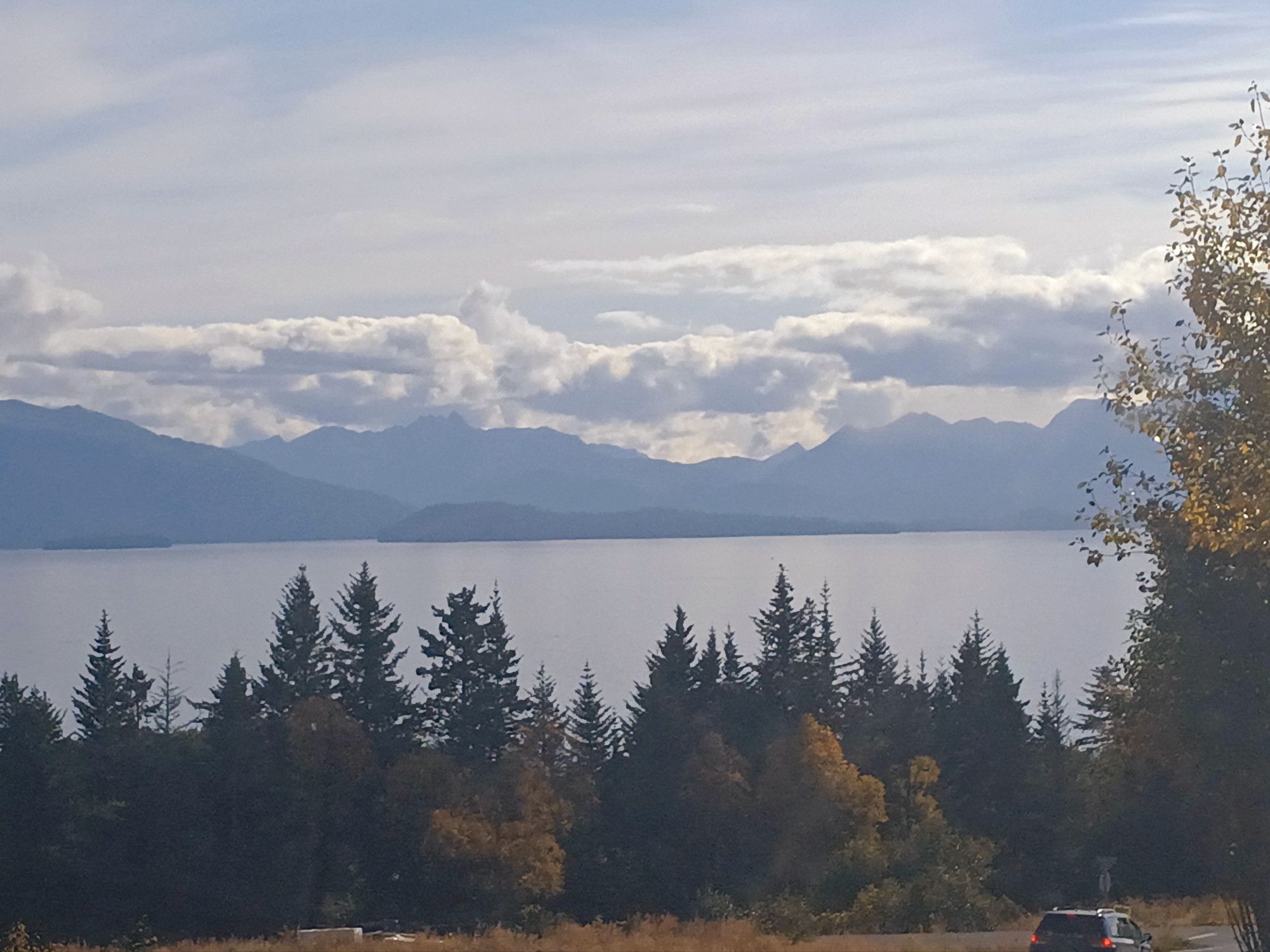 View over a bay with foreground trees and background mountains.