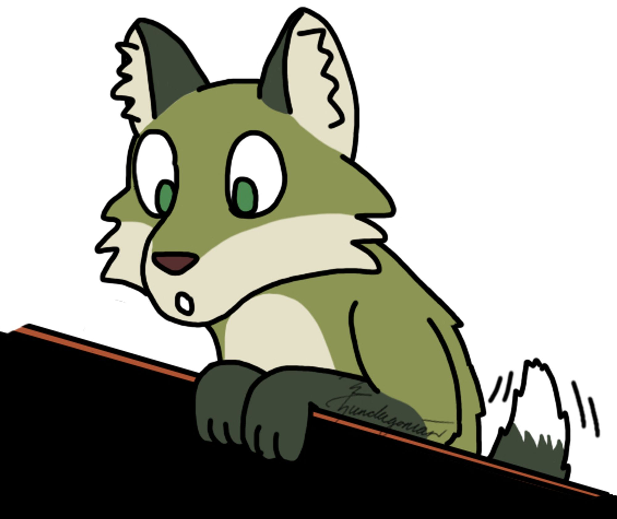 Digital art of With-Quiet-Paws, a green fox, staring over the top of a wall with an interested expression and its tail wagging slightly