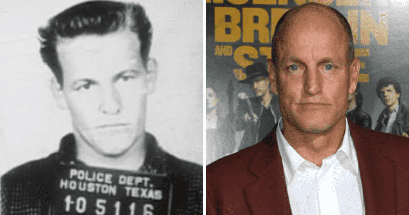 Charles Harrelson à gauche et son fils, l'acteur Woody Harrelson à droite (crédit : Mugshot de Charles Harrelson après son arrestation /Getty Images)