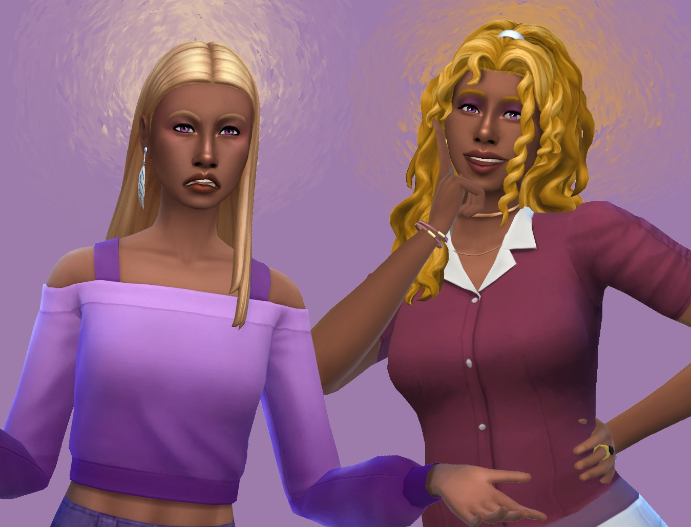 Two sims facing the veiwer, ianthe is disgusted, coronabeth is happy