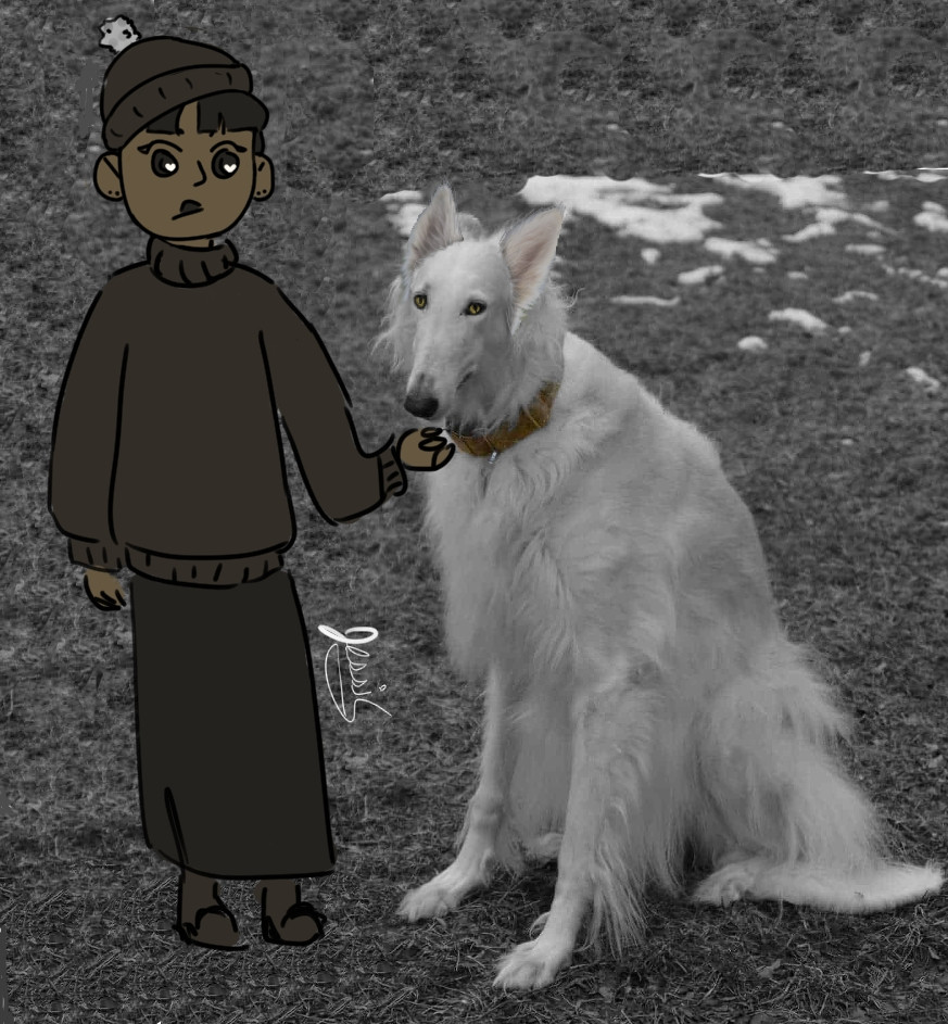 A drawibg of harrowhark in a big black sweater and long skirt, and a white dog who, sitting, comes to harrows shoulders.