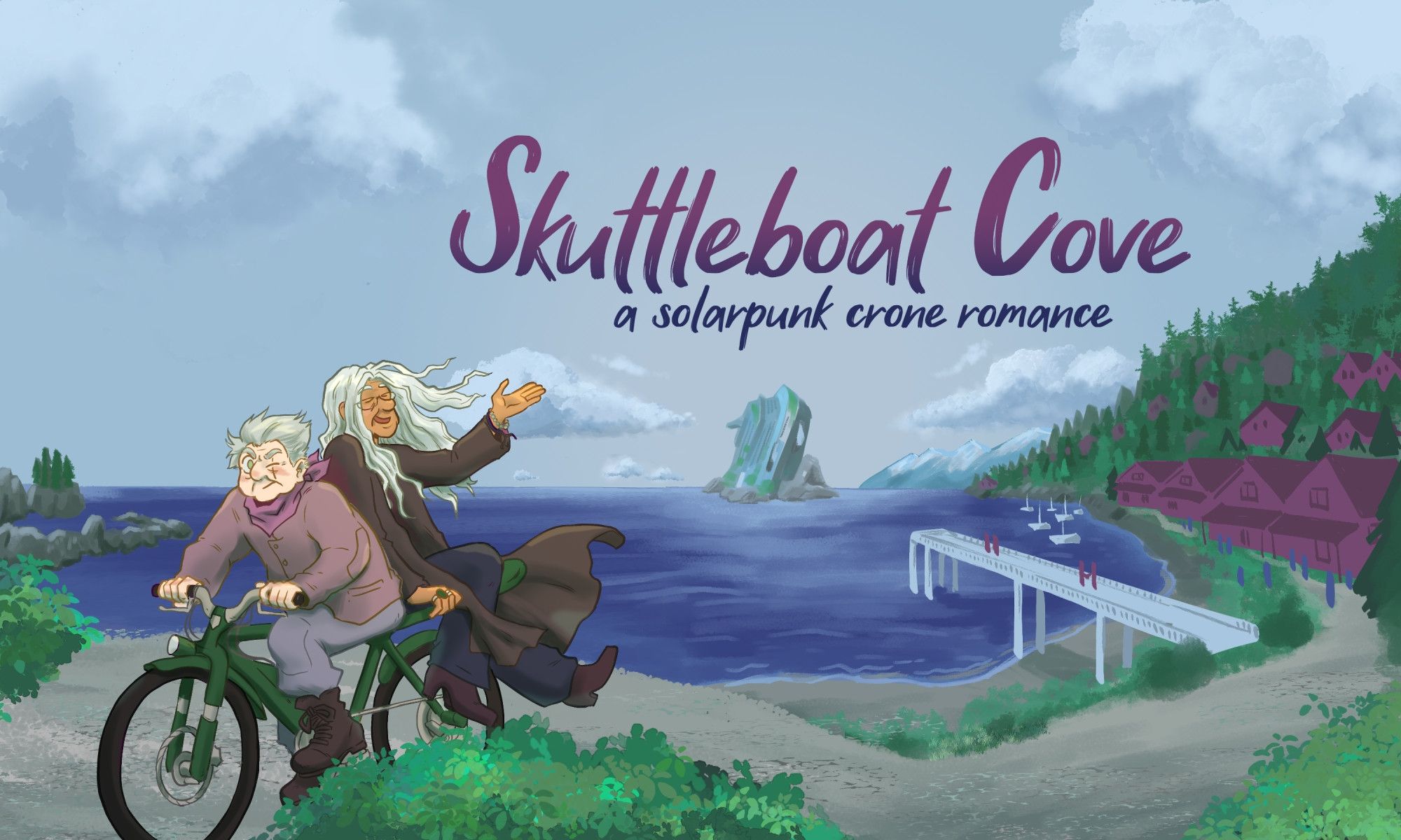 A promotional illustration for Skuttleboat Cove - a solarpunk crone romance. Two elderly characters are riding an e-bike up a dirt path, away from a small seaside village under a grey Pacific Northwest sky. In the distance we can see a large ship that capsized a long time ago jutting out of the water.