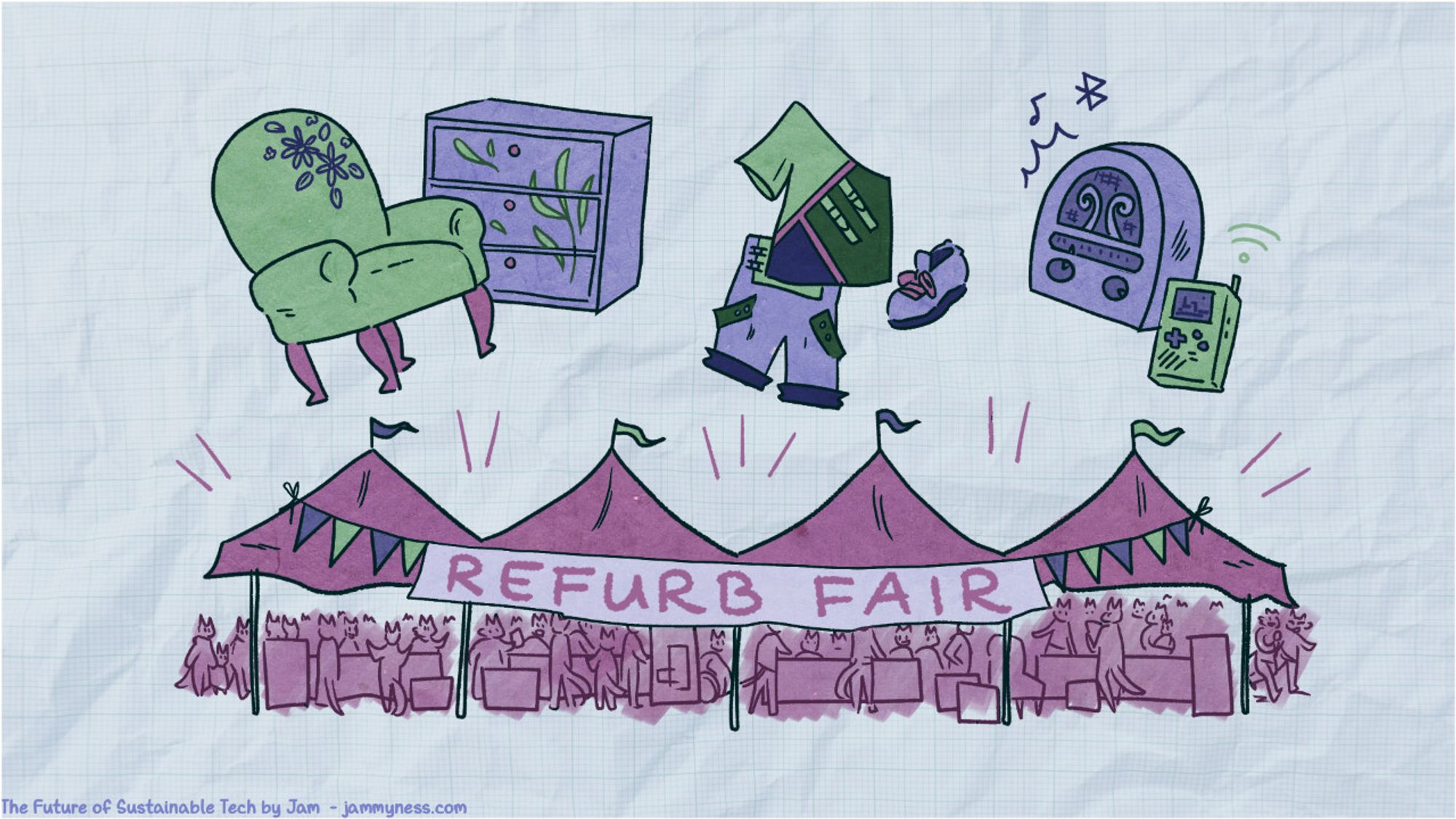 An illustration showing a concept for a "refurb fair" where upcycled goods are sold