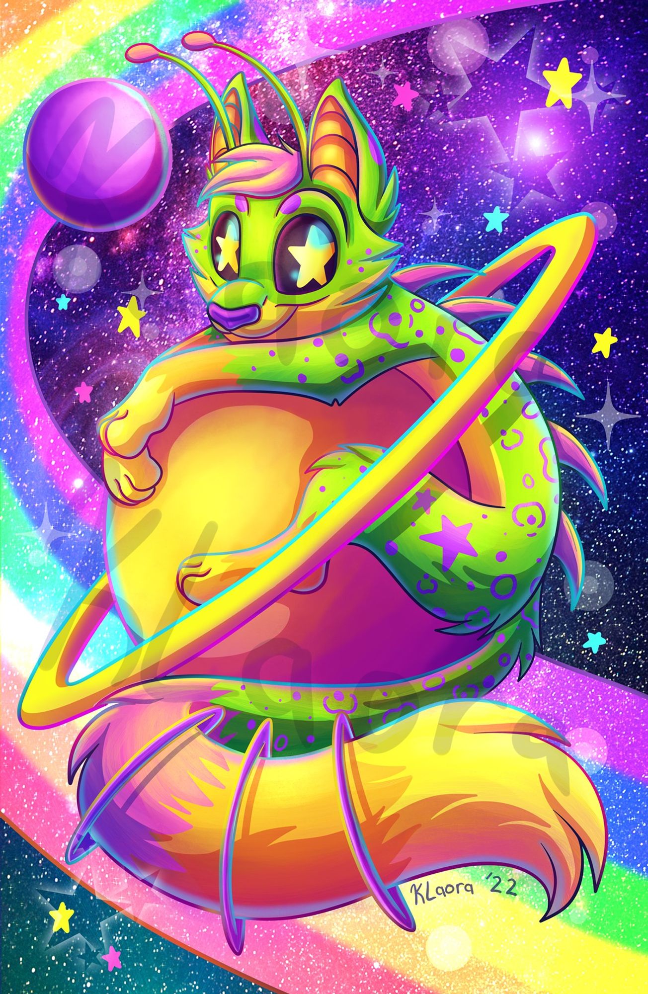 A bright green cartoon alien cat creature with pink, orange, and yellow accents holds onto a small Saturn-shaped planet.  The background is a colorful and sparkly galaxy with stars and a rainbow in space.