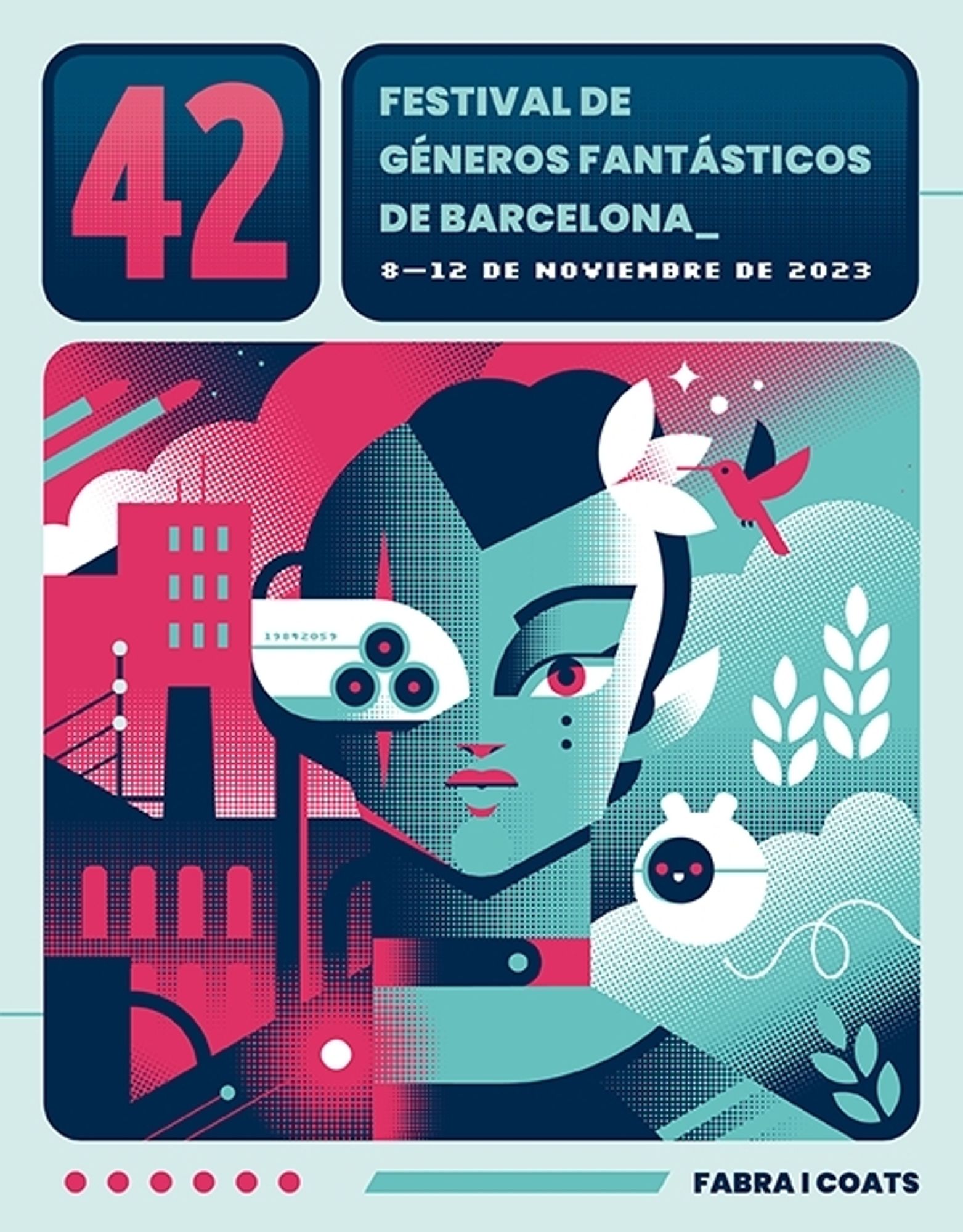 Cartel del evento. De tema futurist, sale una persona mitad mujer mitad robot.