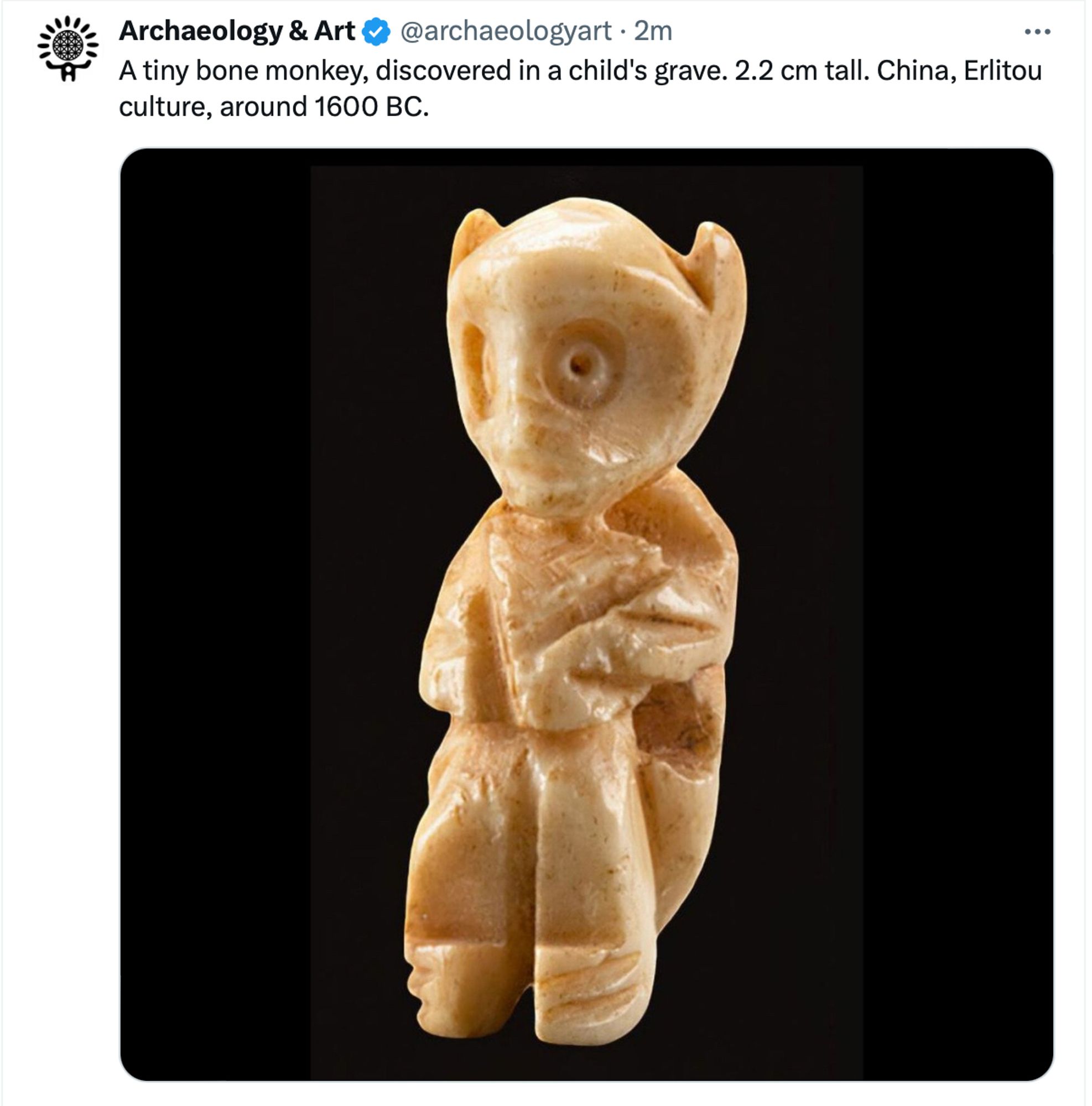 A tiny bone monkey, discovered in a child's grave. 2.2 cm tall. China, Erlitou culture, around 1600 BC.