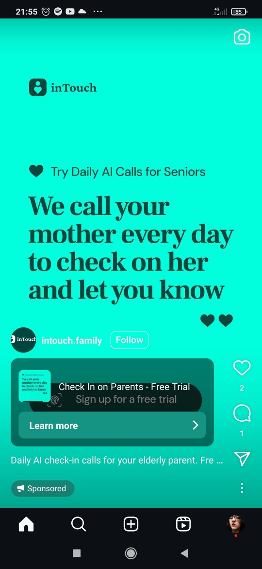 A screenshot of a Instagram ad. "Try daily AI call for seniors. We call your mother every day to check on her and let you know. Daily AI check-in calls for your elderly parent."