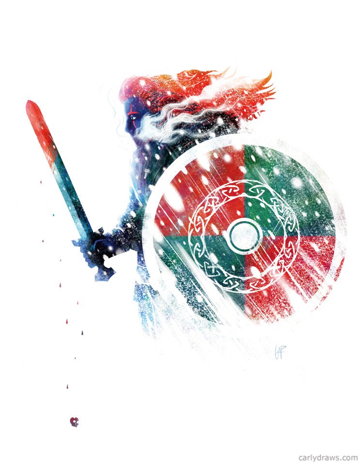 Shieldmaiden in an icy battle in red and blue